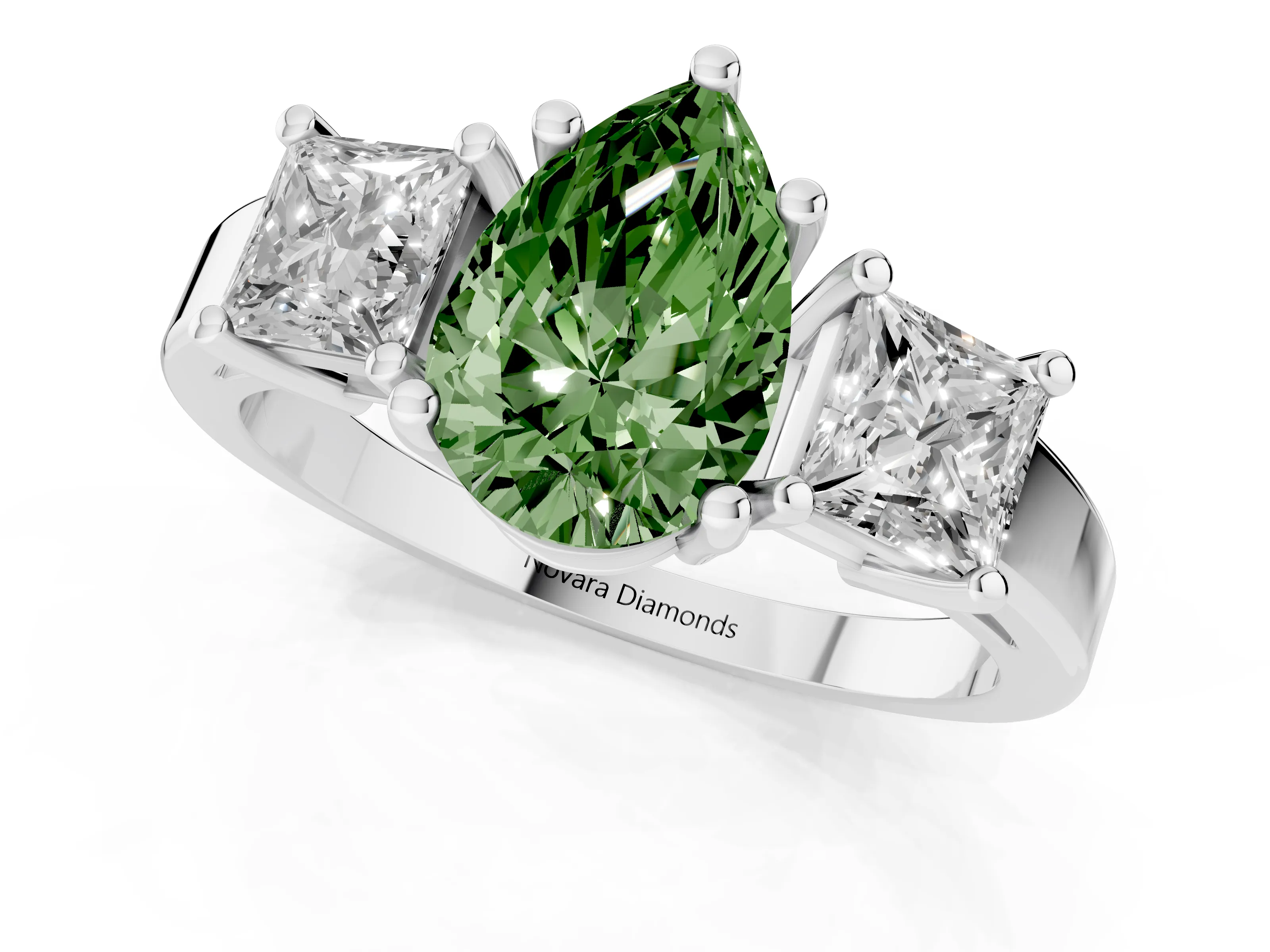 Fancy Green Three-Stone Pear Cut Diamond Solitaire Ring Set in Platinum with Prong Setting