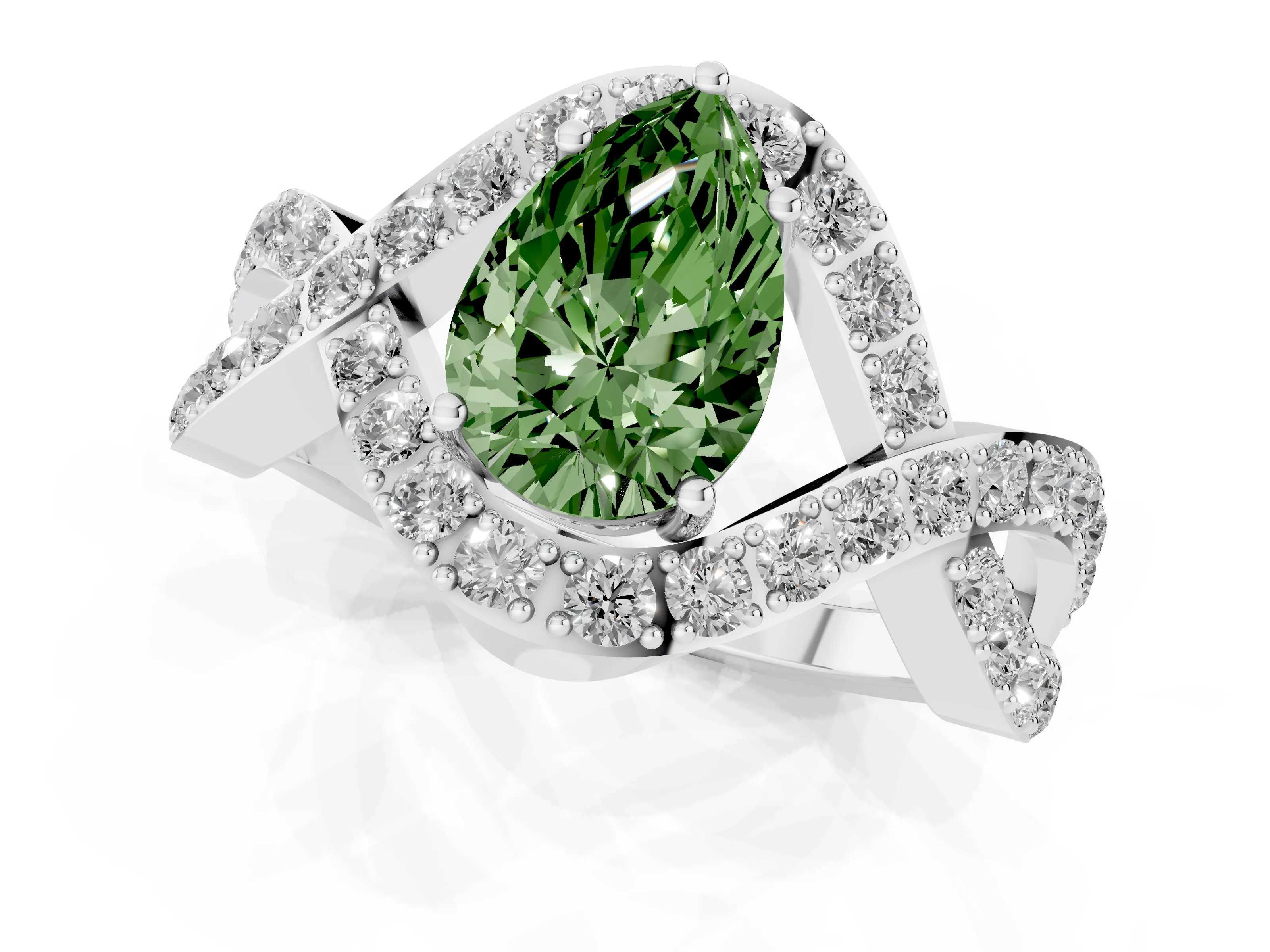 Fancy Green Pear Cut Diamond Solitaire Twist Band Pavé Engagement Ring Set in White gold