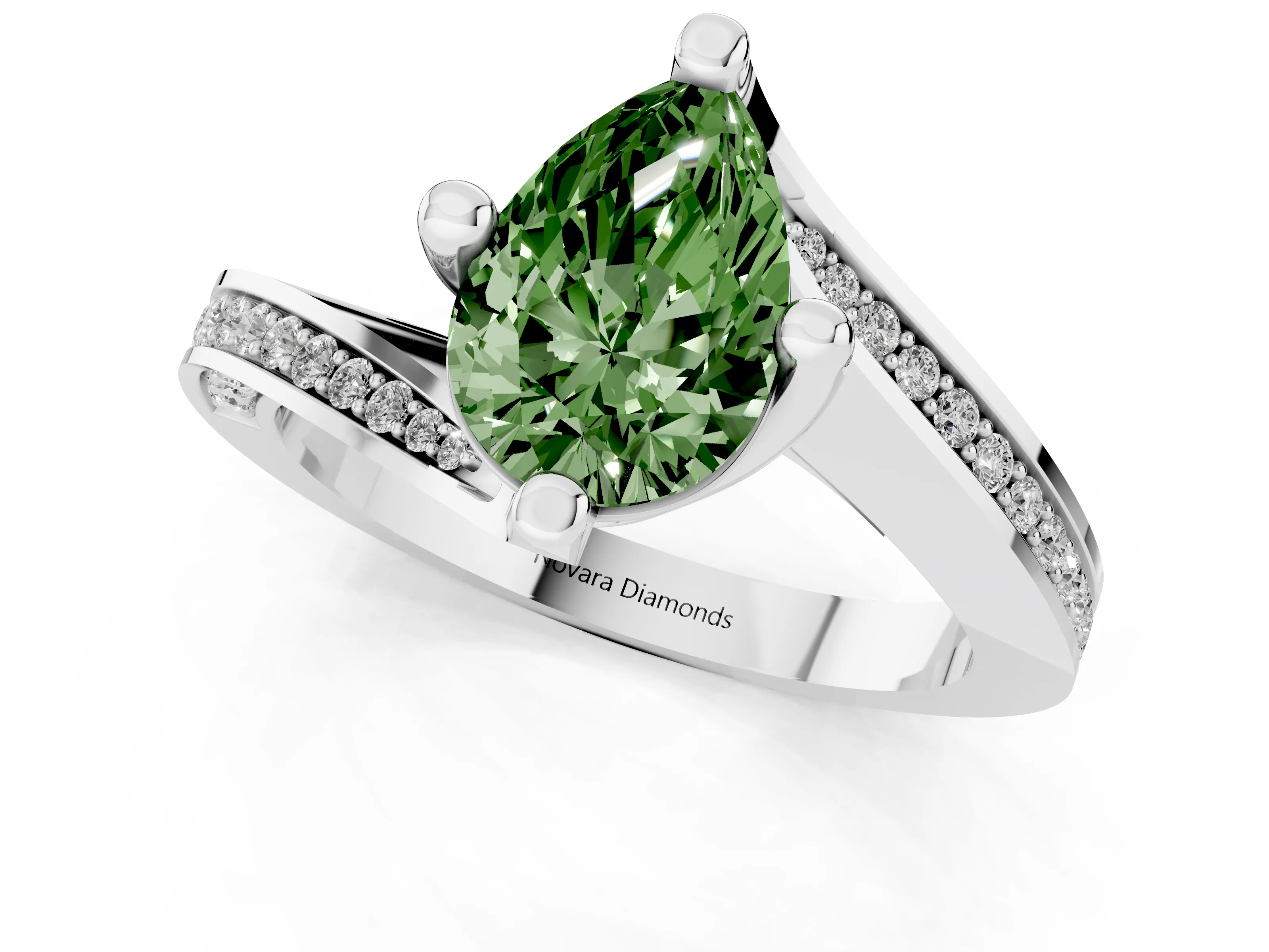 Fancy Green Pear Cut Diamond Solitaire Ring Set in Silver with Intertwined Pavé Twist Band