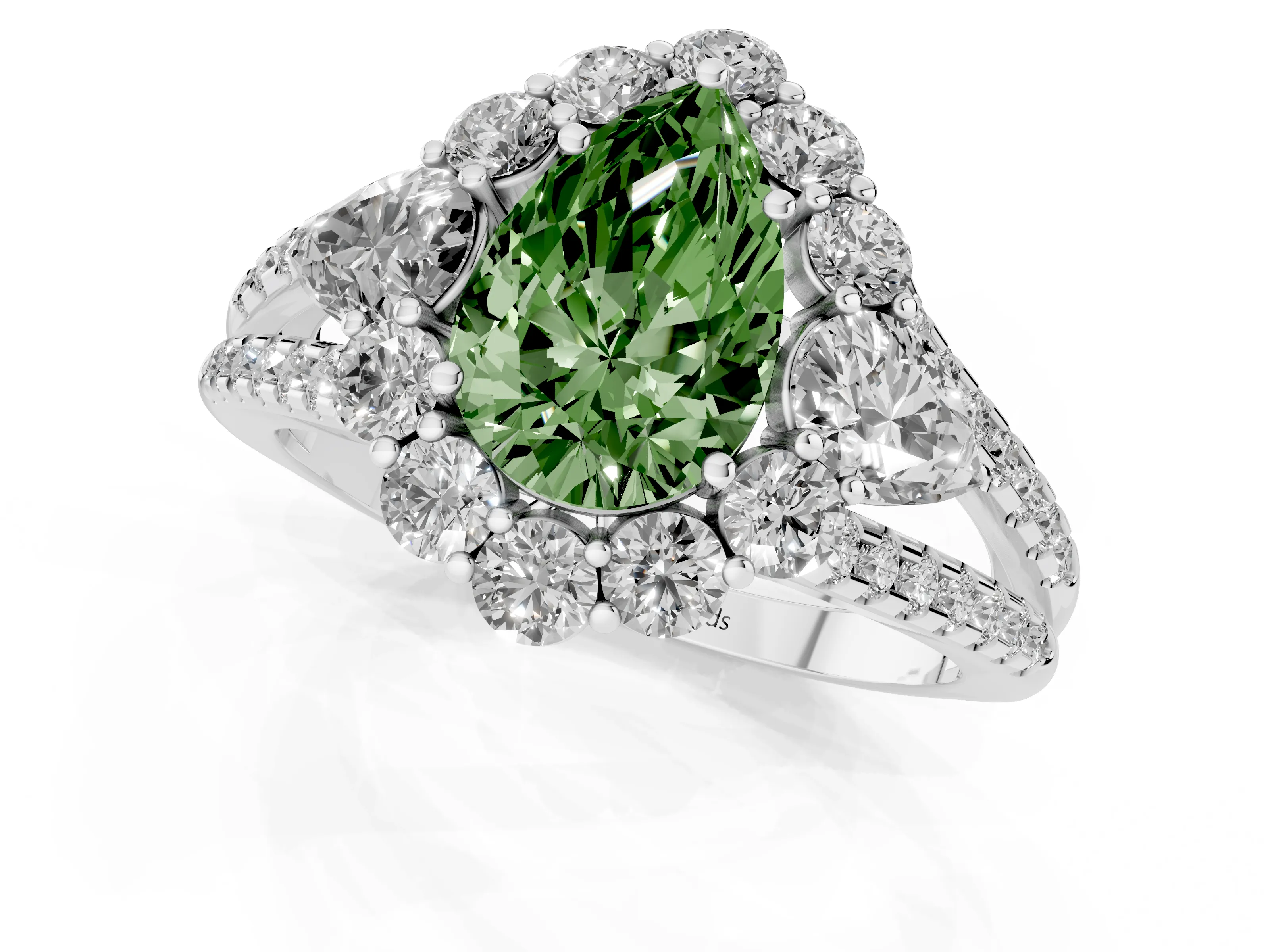 Fancy Green Pear Cut Diamond Halo Split Shank Engagement Ring Set in Platinum with Prong-Held Center Stone