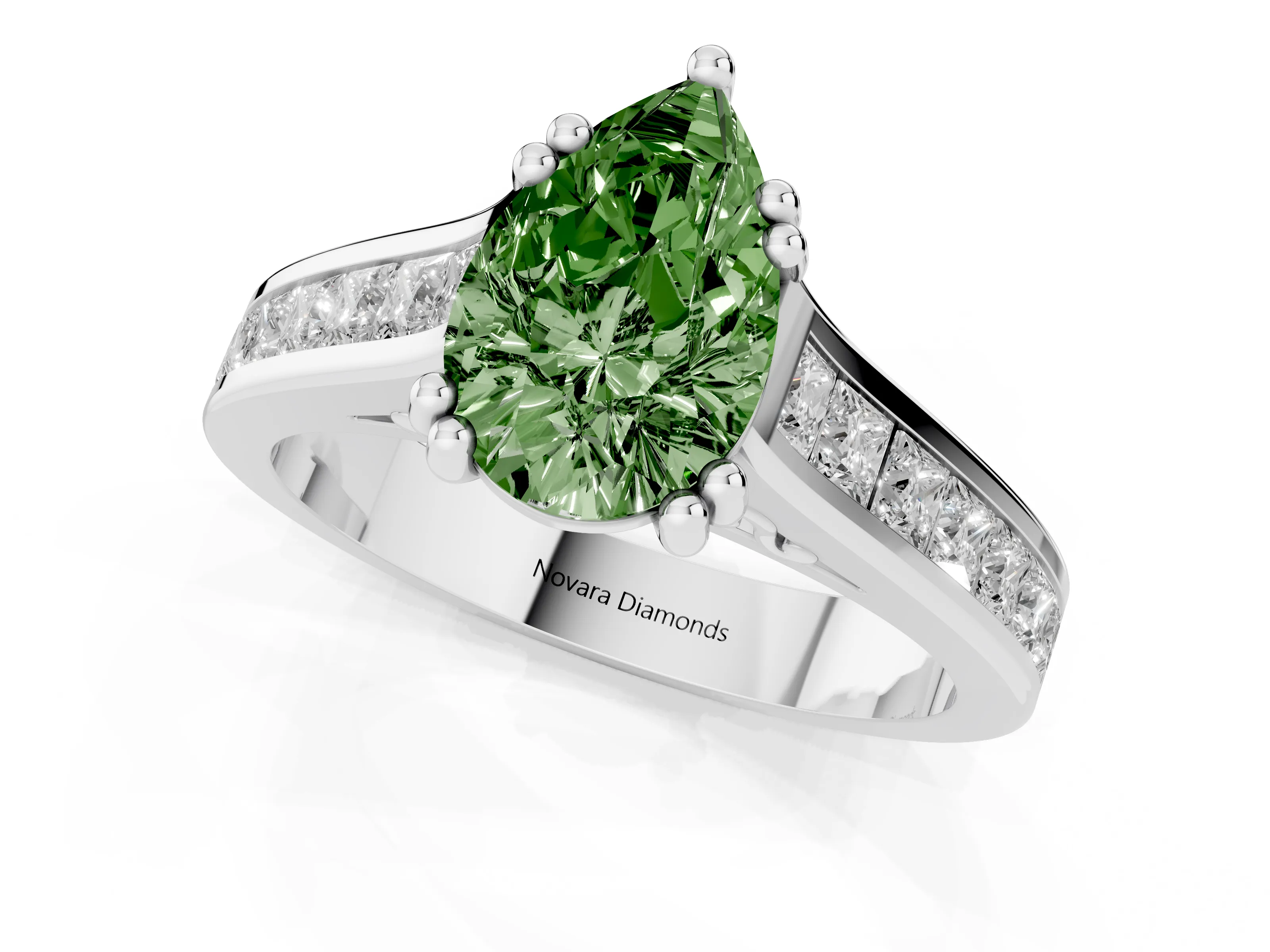 Fancy Green Pear Cut Diamond Channel Set Solitaire Engagement Ring Set in Silver with Prong Setting