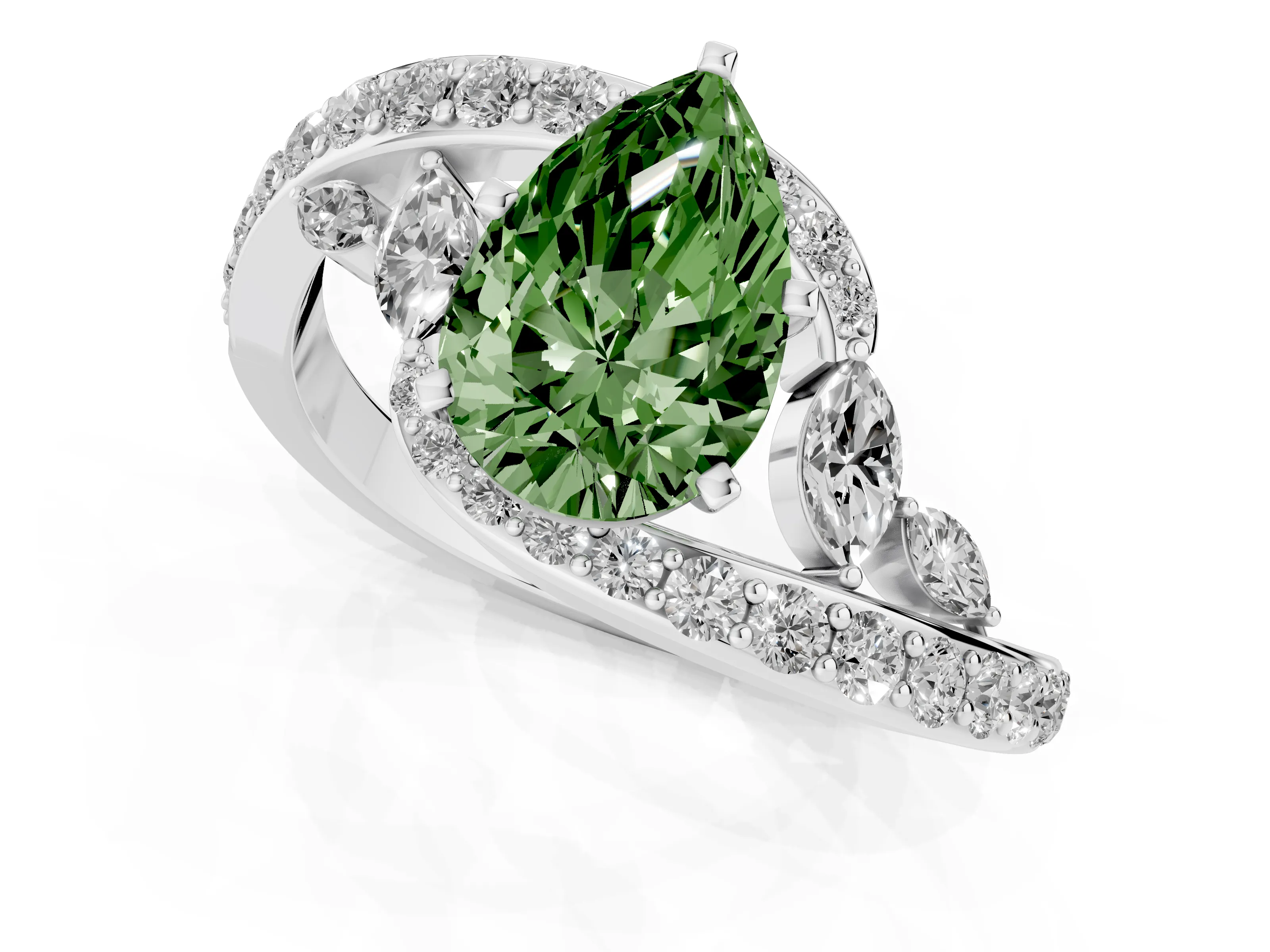 Fancy Green Pear Cut Diamond Solitaire Ring Set in White gold with Pavé Twist Band and Secure Prong Setting