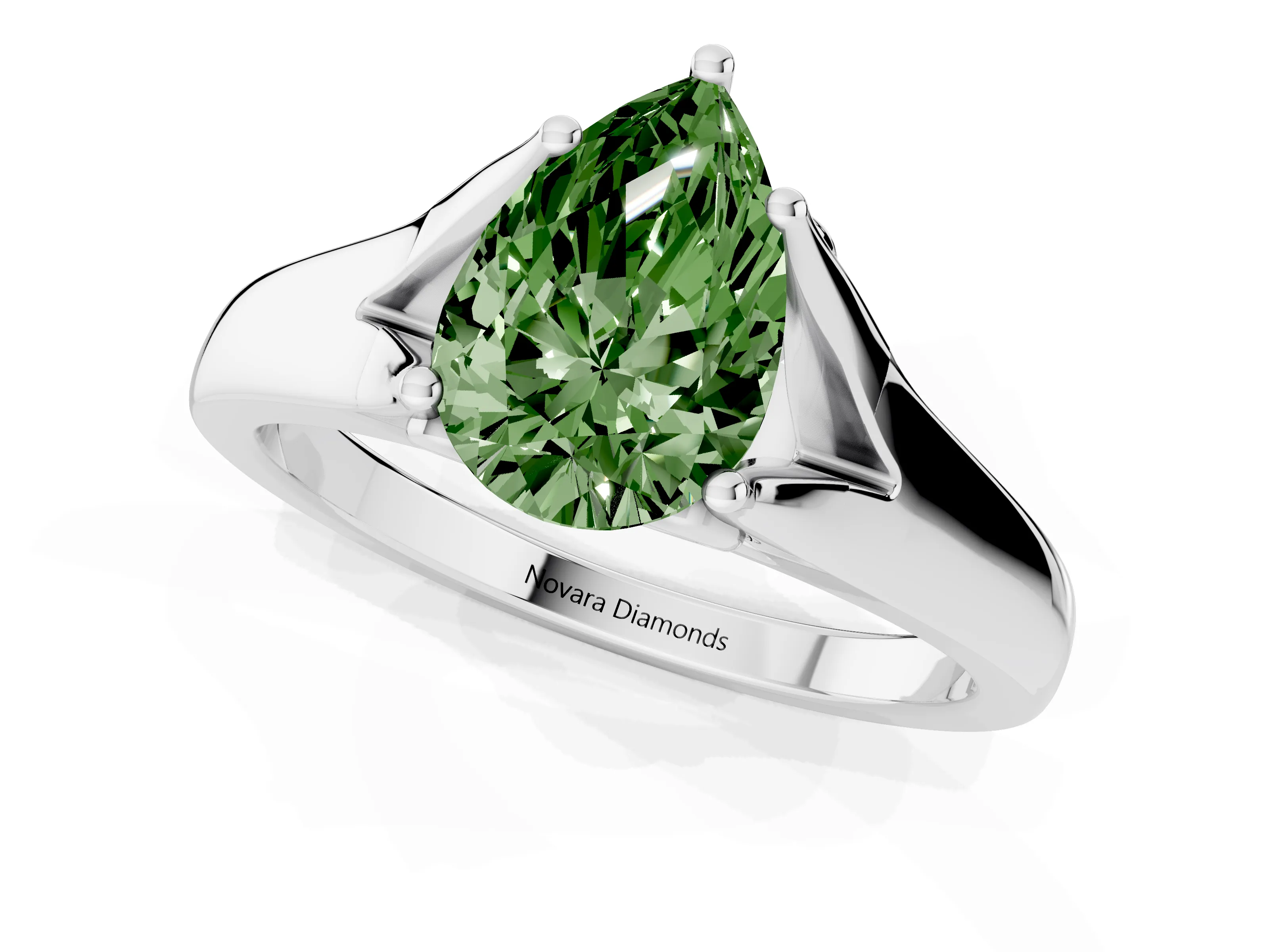 Fancy Green Pear Cut Diamond Solitaire Ring Set in White gold with Arched Cathedral Band and Prong Setting