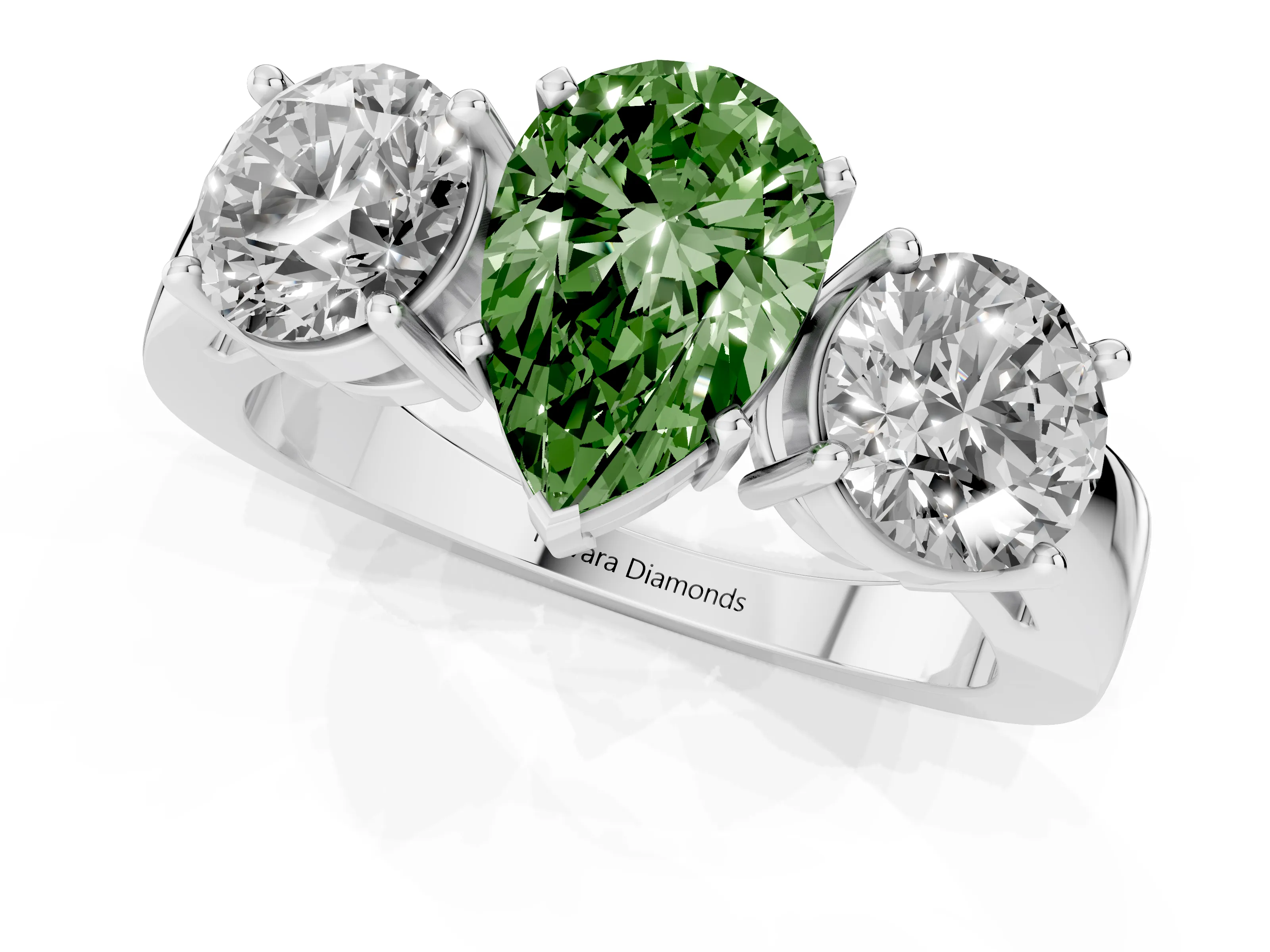 Fancy Green Pear Cut Diamond Three-Stone Ring Set in Silver with Round Side Stones and Classic Band