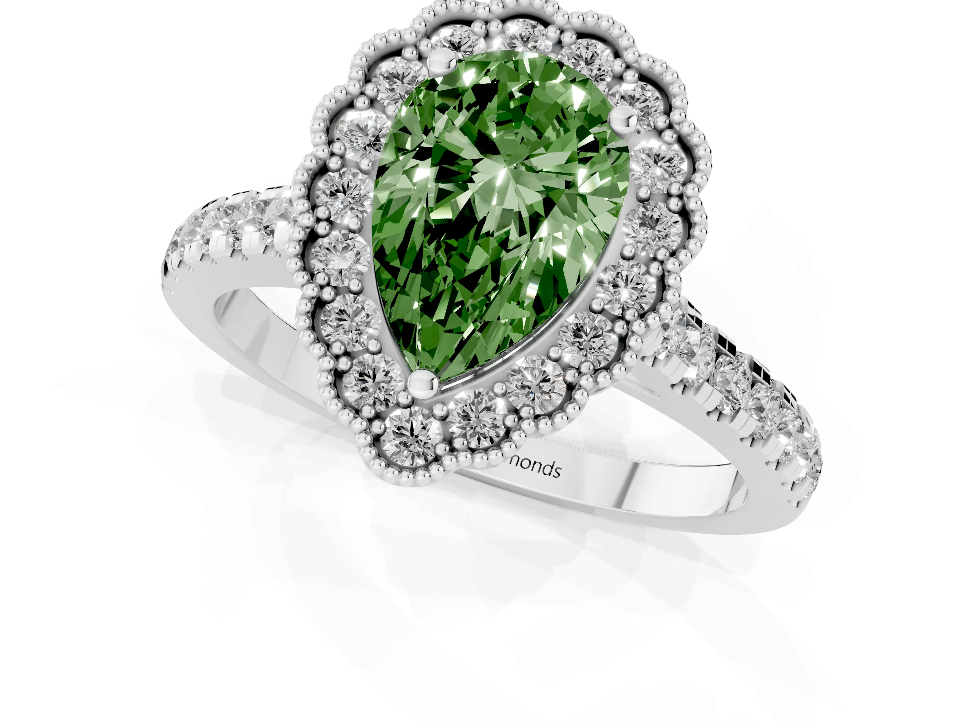 Fancy Green Pear Cut Diamond Milgrain Floral Halo Engagement Ring Set in Silver with Pavé Band