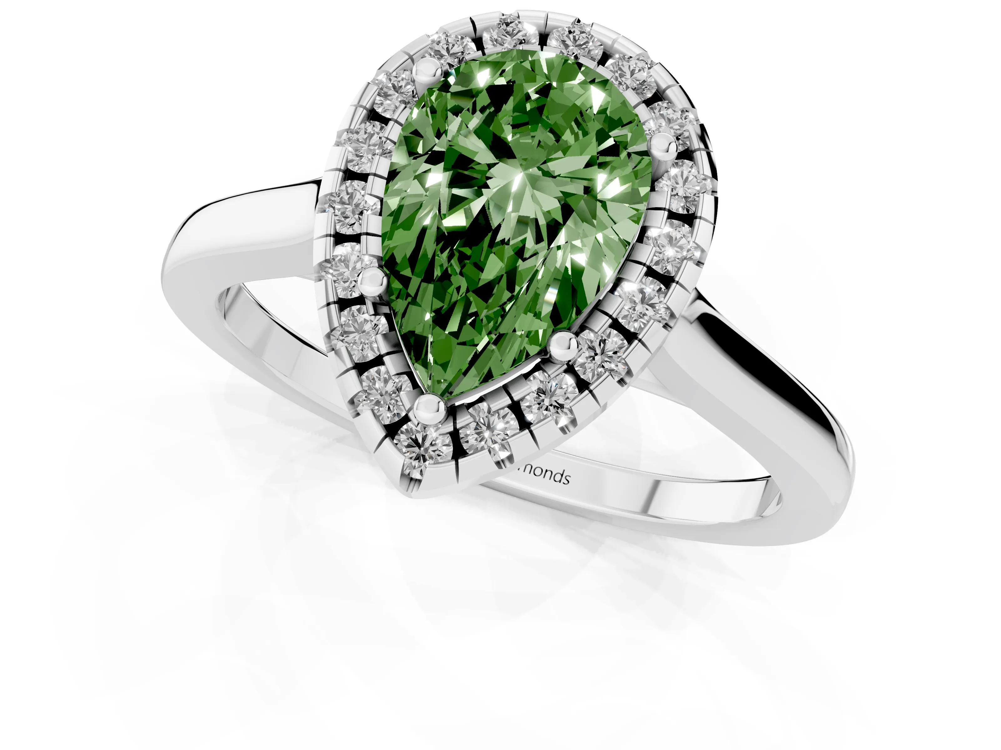 Fancy Green Pear Cut Halo Round Diamond Solitaire Ring Set in White gold with Pavé Band and Prong Setting