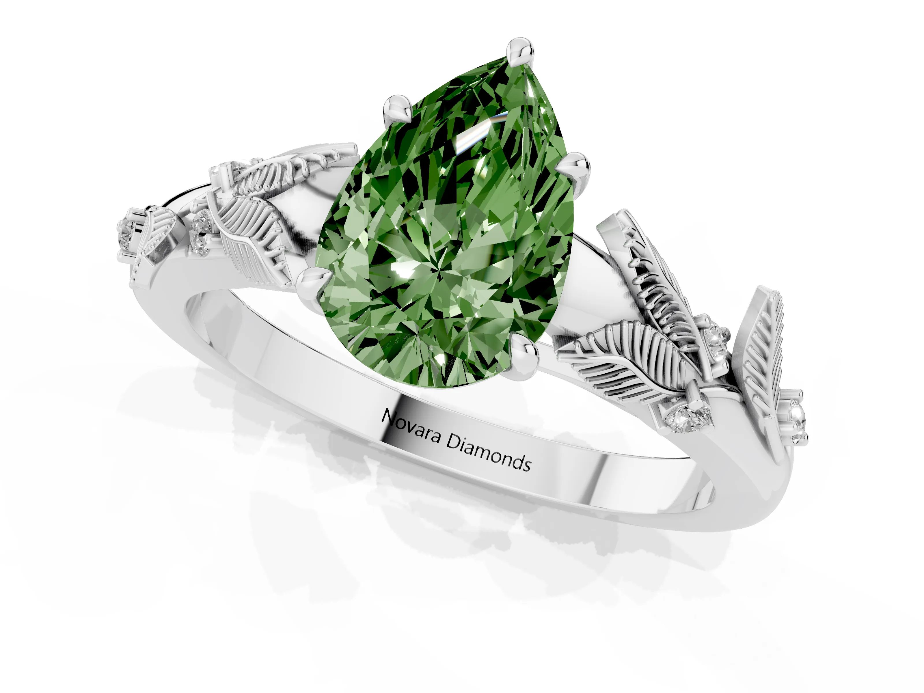 Fancy Green Pear Cut Diamond Solitaire Ring Set in Platinum with Leaf Motif Band