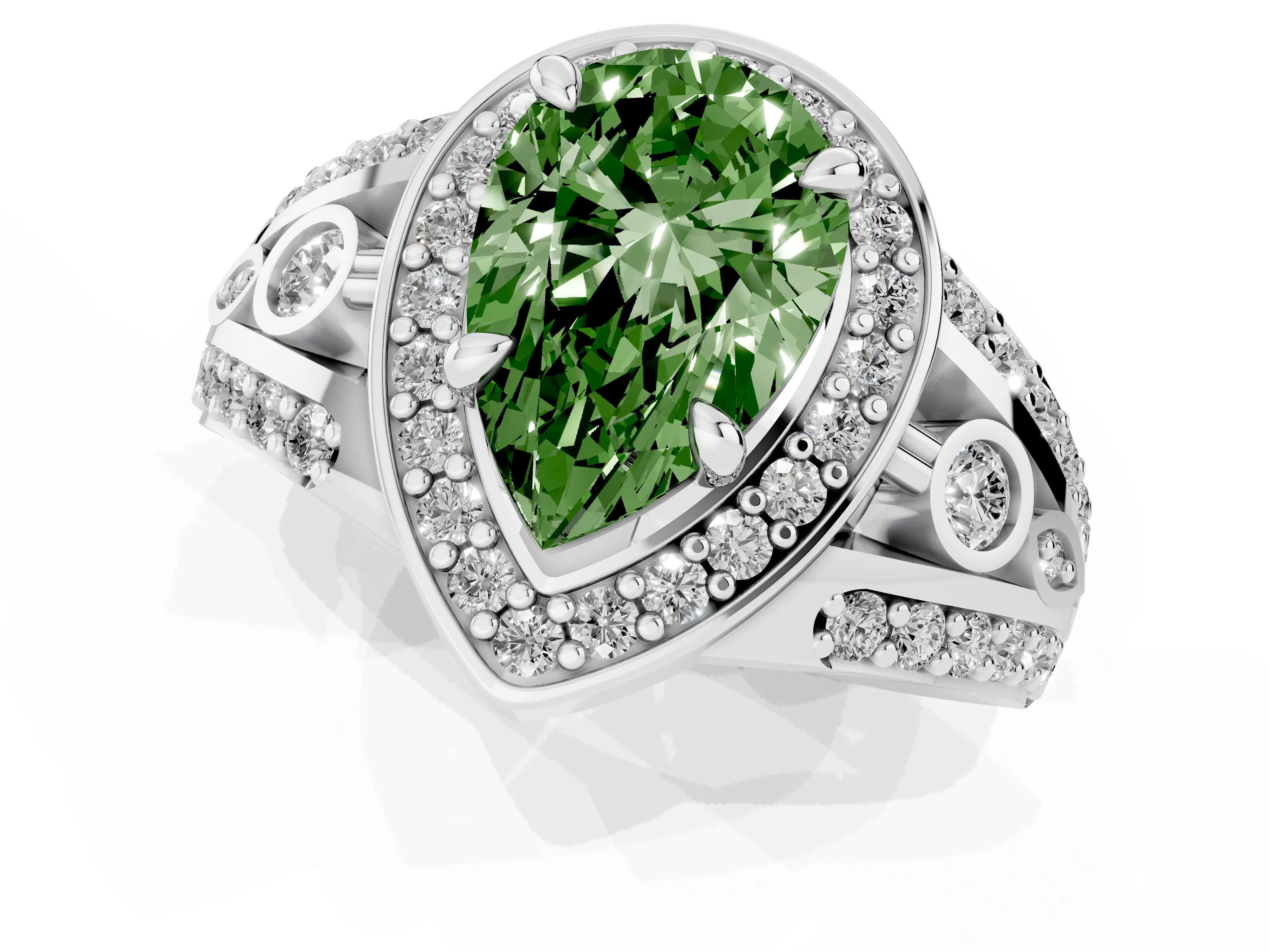 Fancy Green Pear Cut Diamond Halo Ring Set in White gold with Pavé Split Shank and Bezel Accents