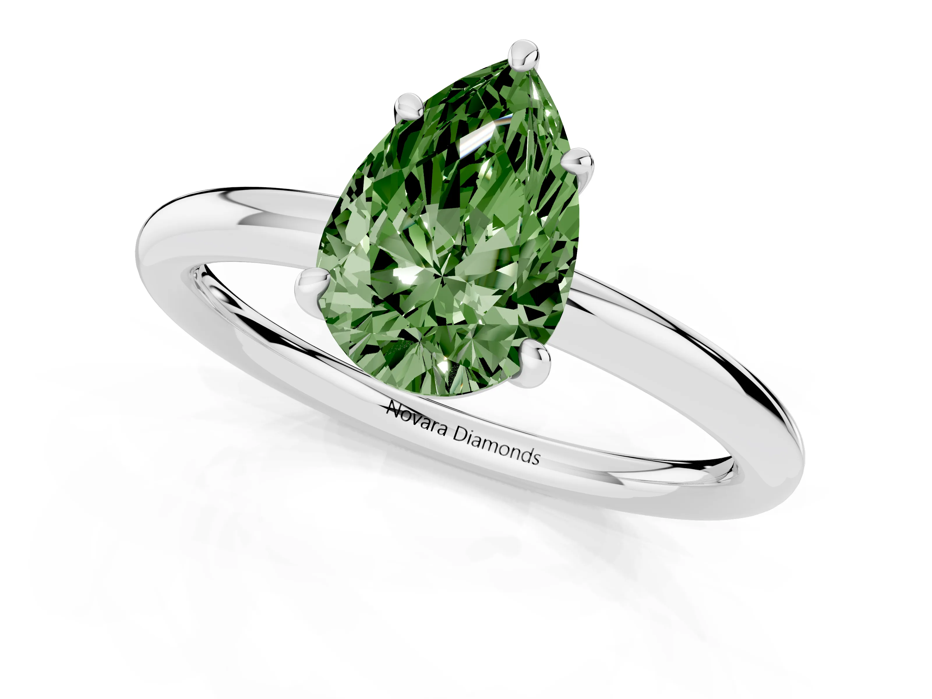 Fancy Green Pear Cut Diamond Solitaire Ring Set in White gold with Prong Setting on a Polished Plain Band