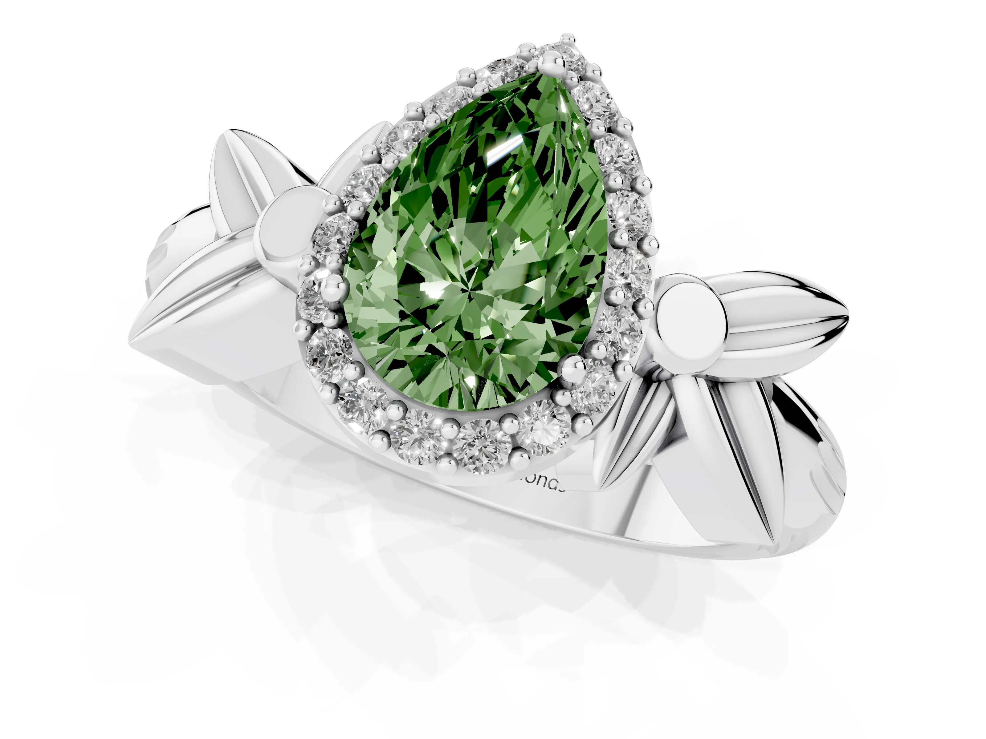 Fancy Green Pear Cut Diamond Halo Floral Band Ring Set in White gold with Prong Setting