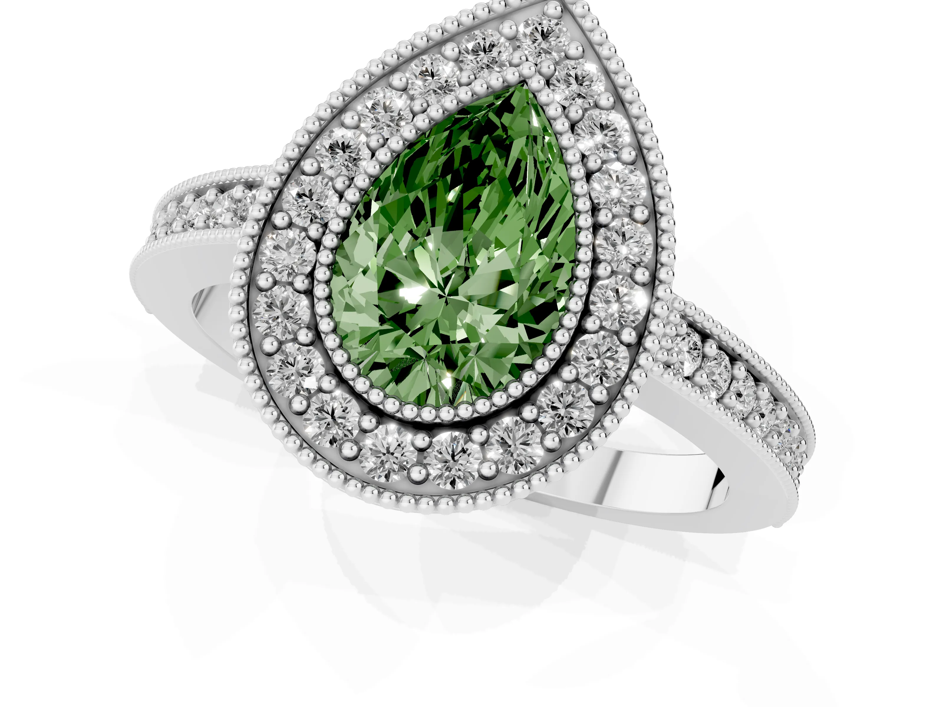 Fancy Green Pear Cut Diamond Halo Engagement Ring Set in White gold with Pavé Band and Round Halo Stones