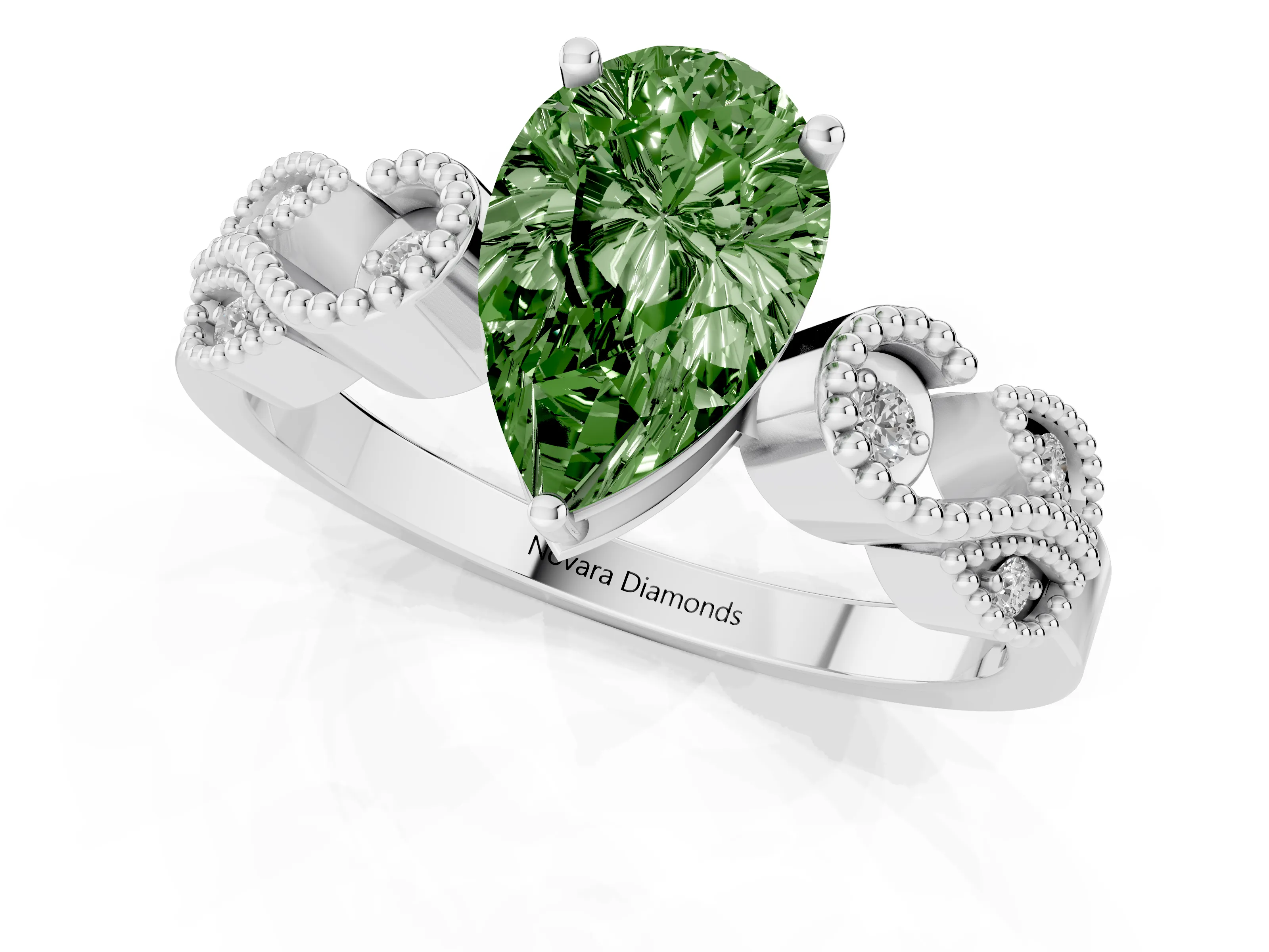 Fancy Green Pear Cut Diamond Milgrain Leaf Band Solitaire Ring Set in White gold with Accent Stones and Prong Setting