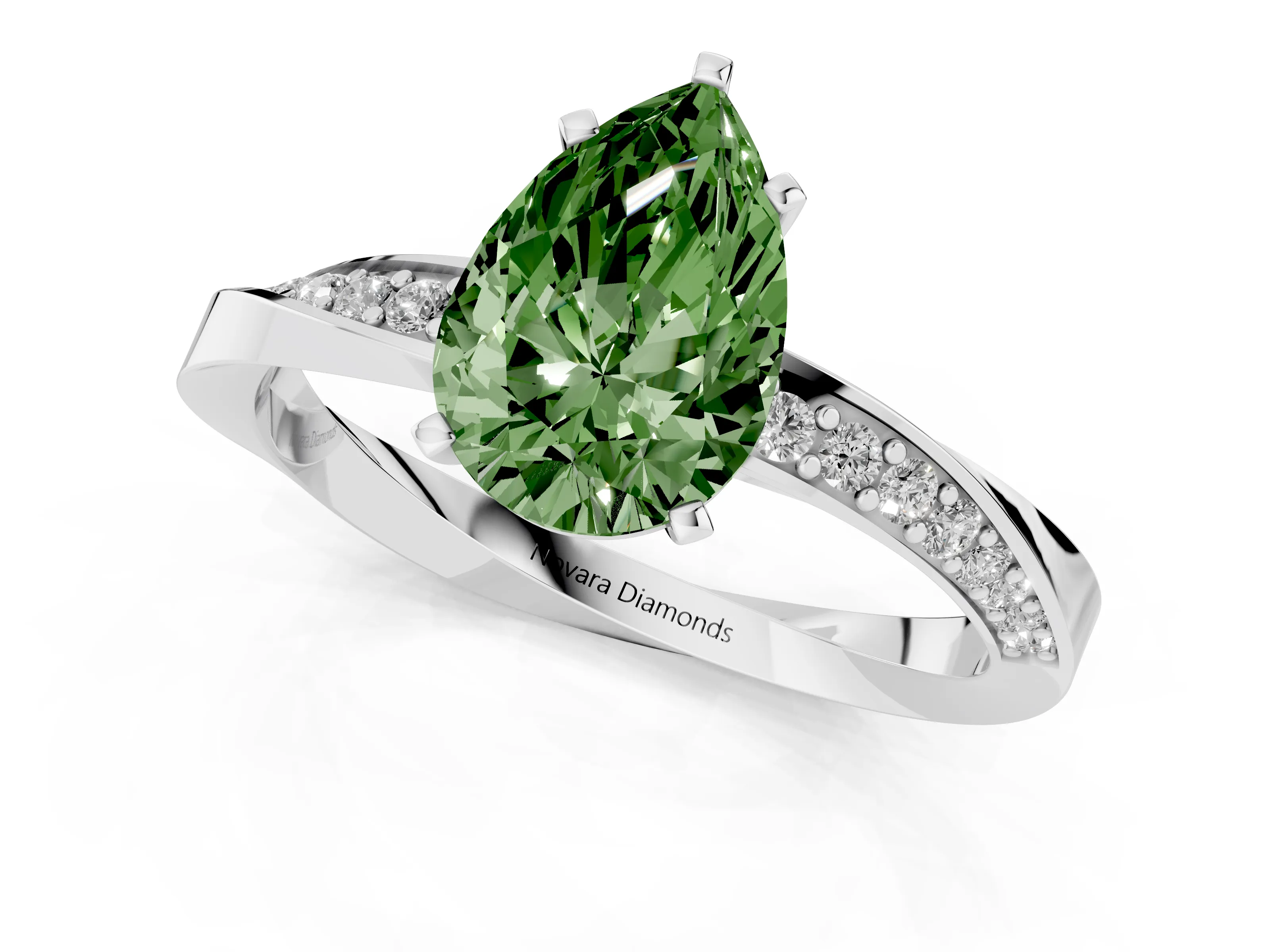 Fancy Green Pear Cut Diamond Engagement Ring Set in Silver with Side Stone Accents and Prong Setting