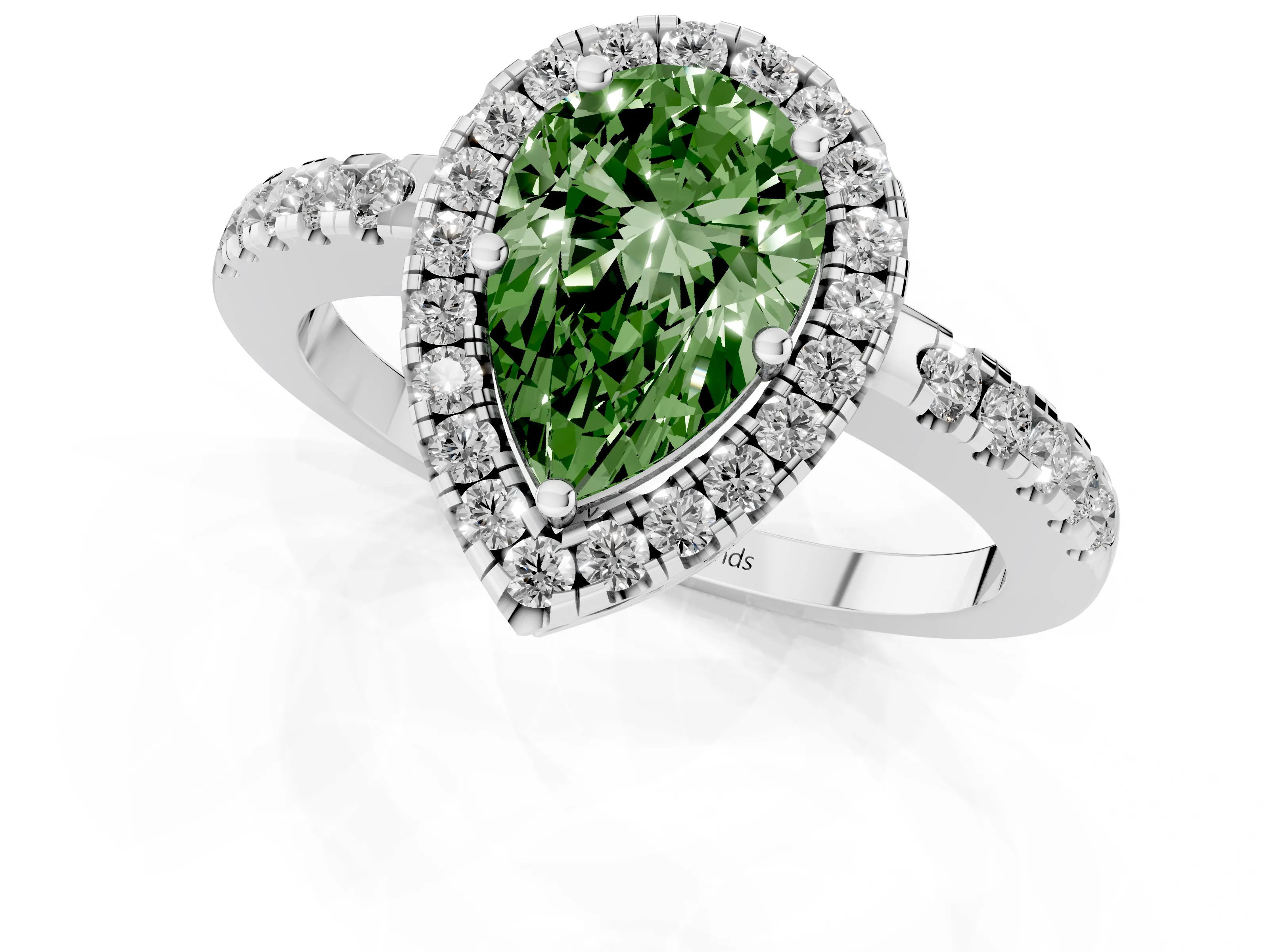 Fancy Green Pear Cut Diamond Pavé Band Halo Engagement Ring Set in Silver with Prong Setting