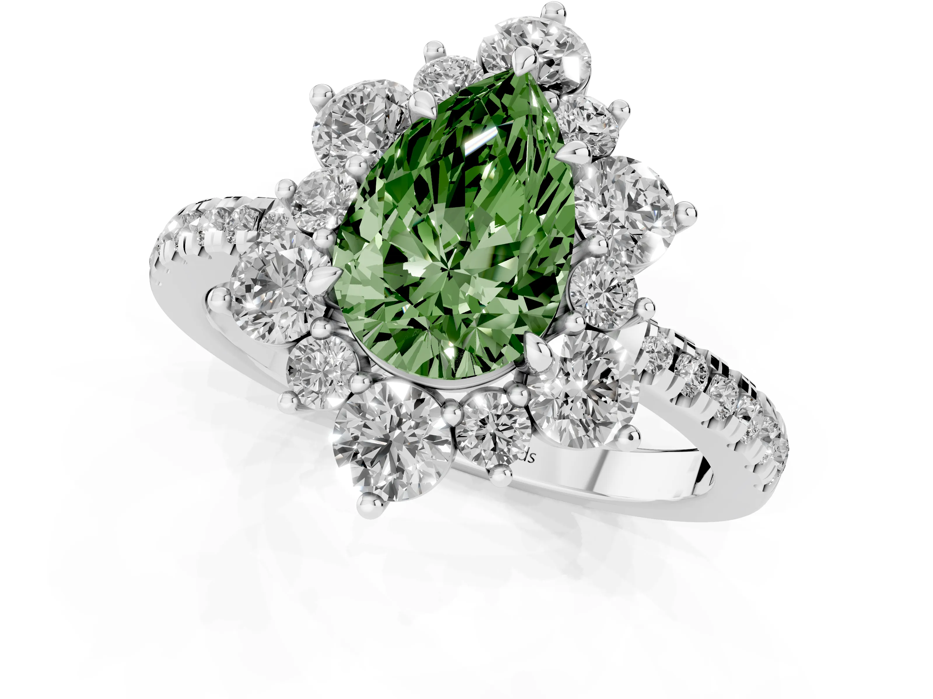 Fancy Green Pear Cut Diamond Floral Halo Ring Set in White gold with Round Pavé Band and Prong Setting