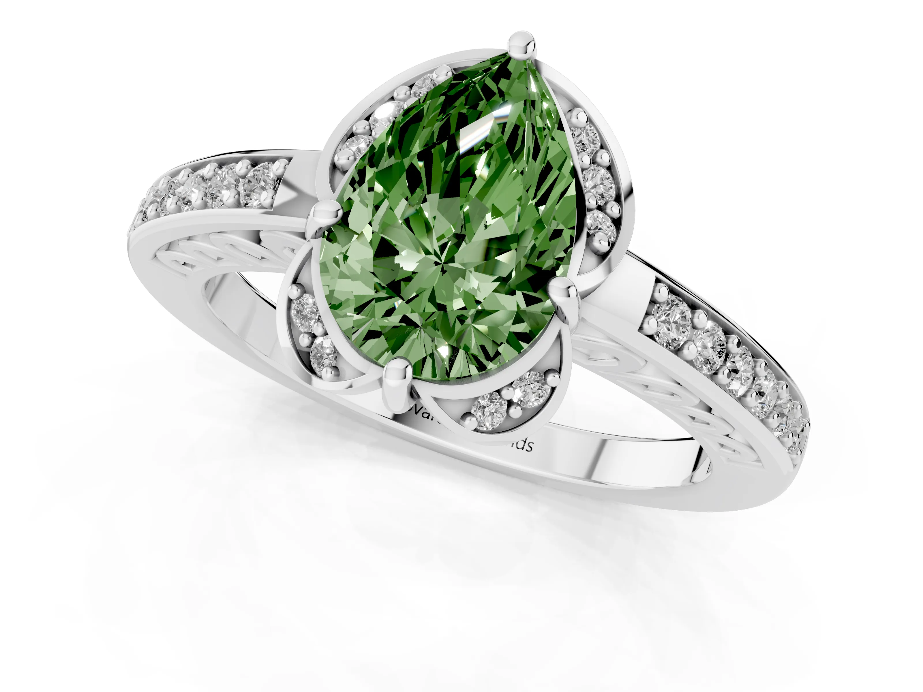 Fancy Green Pear Cut Diamond Halo Ring Set in Silver with Channel Set Band and Prong Setting
