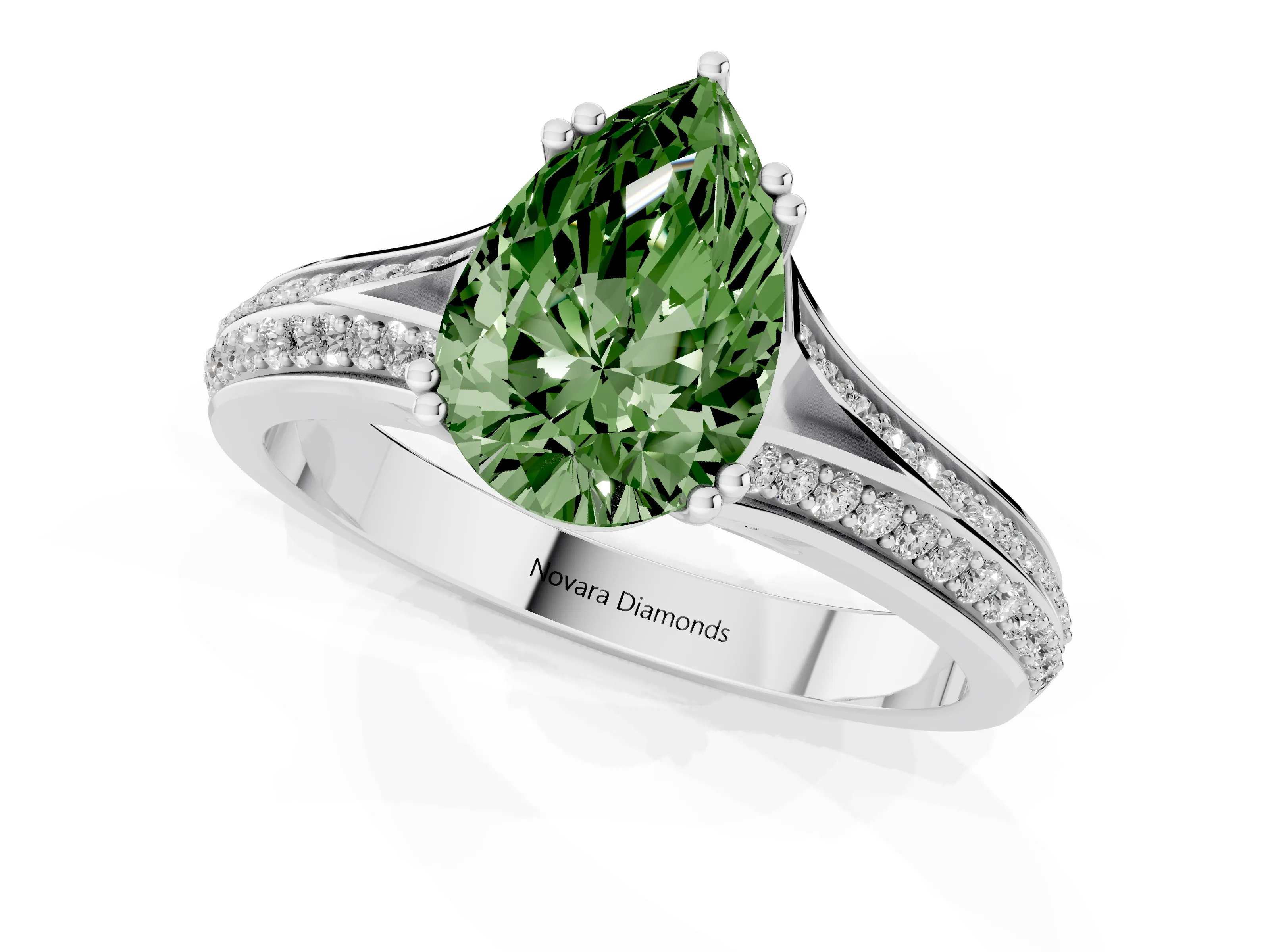 Fancy Green Pear Cut Diamond Split Shank Pavé Engagement Ring Set in Platinum with Prong-Set Center Stone