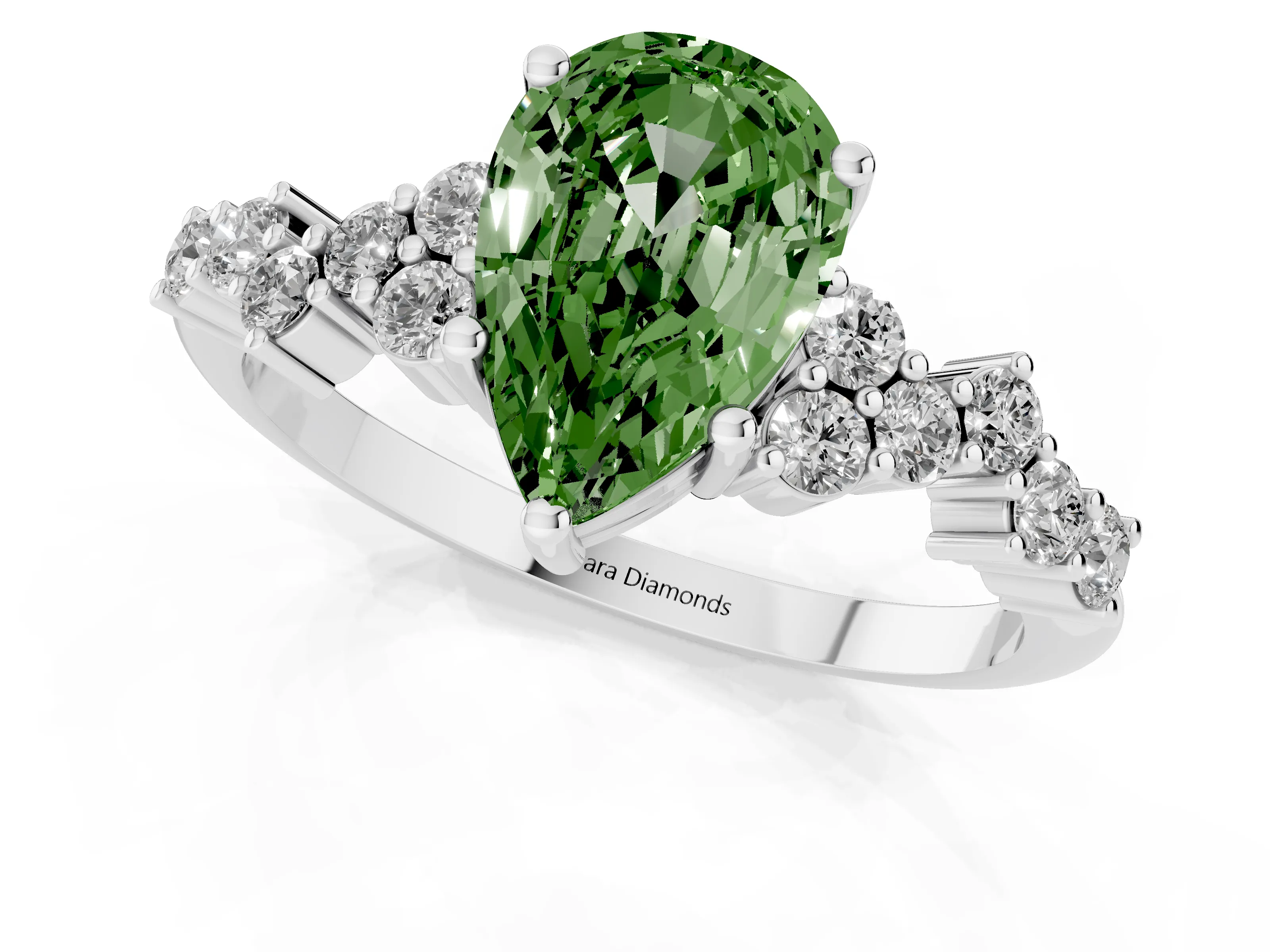 Fancy Green Pear Cut Diamond Ring Set in Platinum with Scattered Round Accents