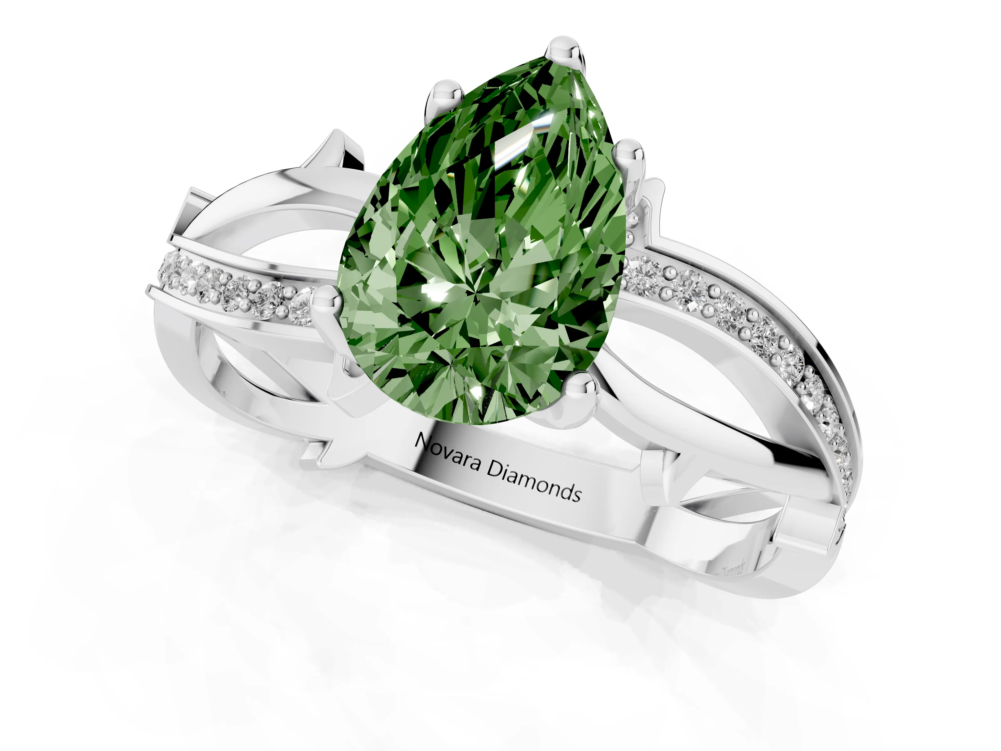 Fancy Green Pear Cut Diamond Pavé Twist Band Solitaire Ring Set in Silver with Prong Setting