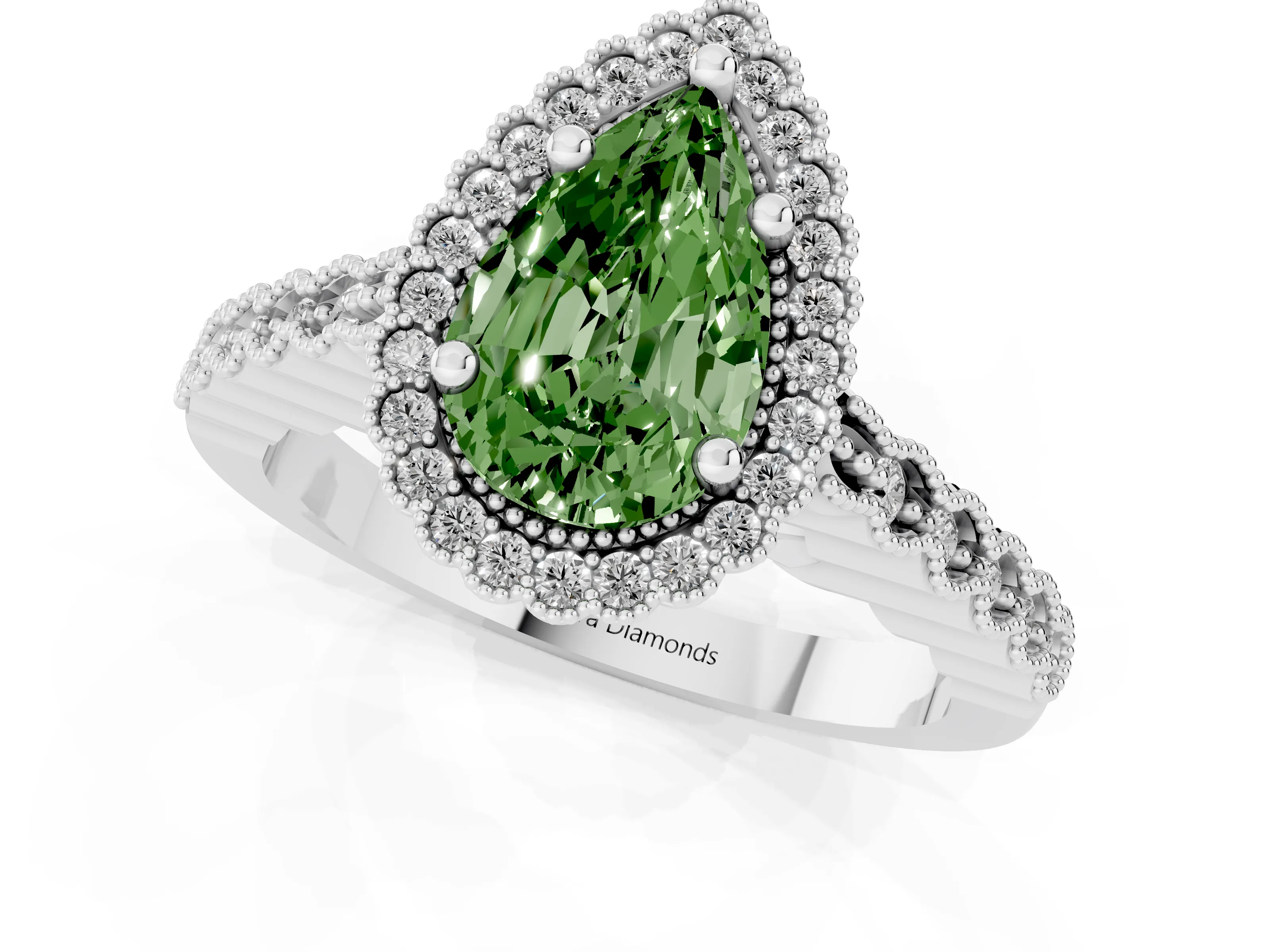 Fancy Green Pear Cut Diamond Halo Ring Set in Platinum with Pavé Milgrain Band