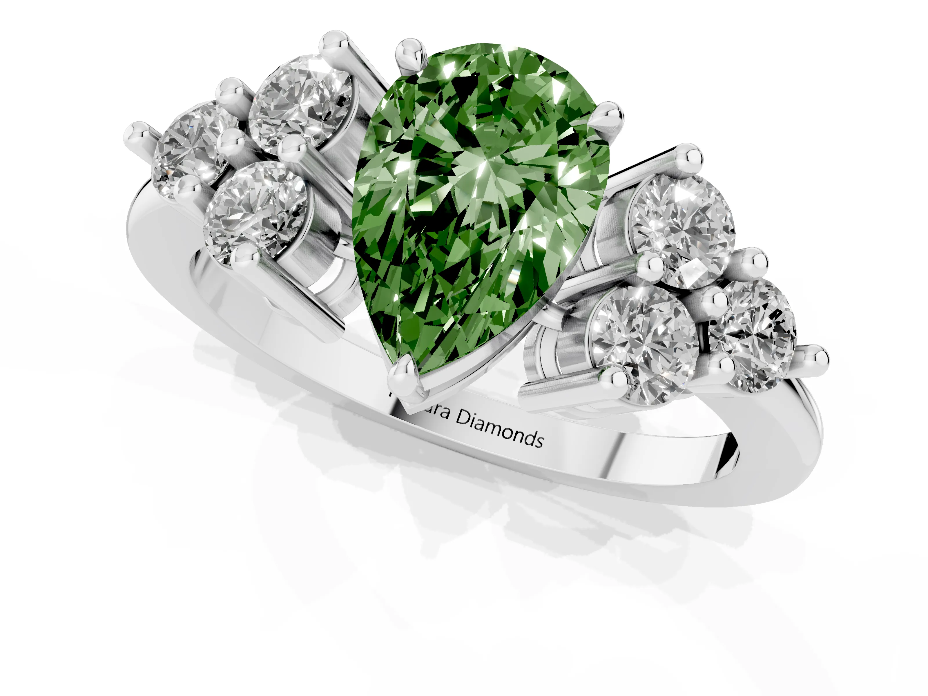 Fancy Green Pear Cut Diamond Solitaire Ring Set in Silver with Cluster Accents on Each Side