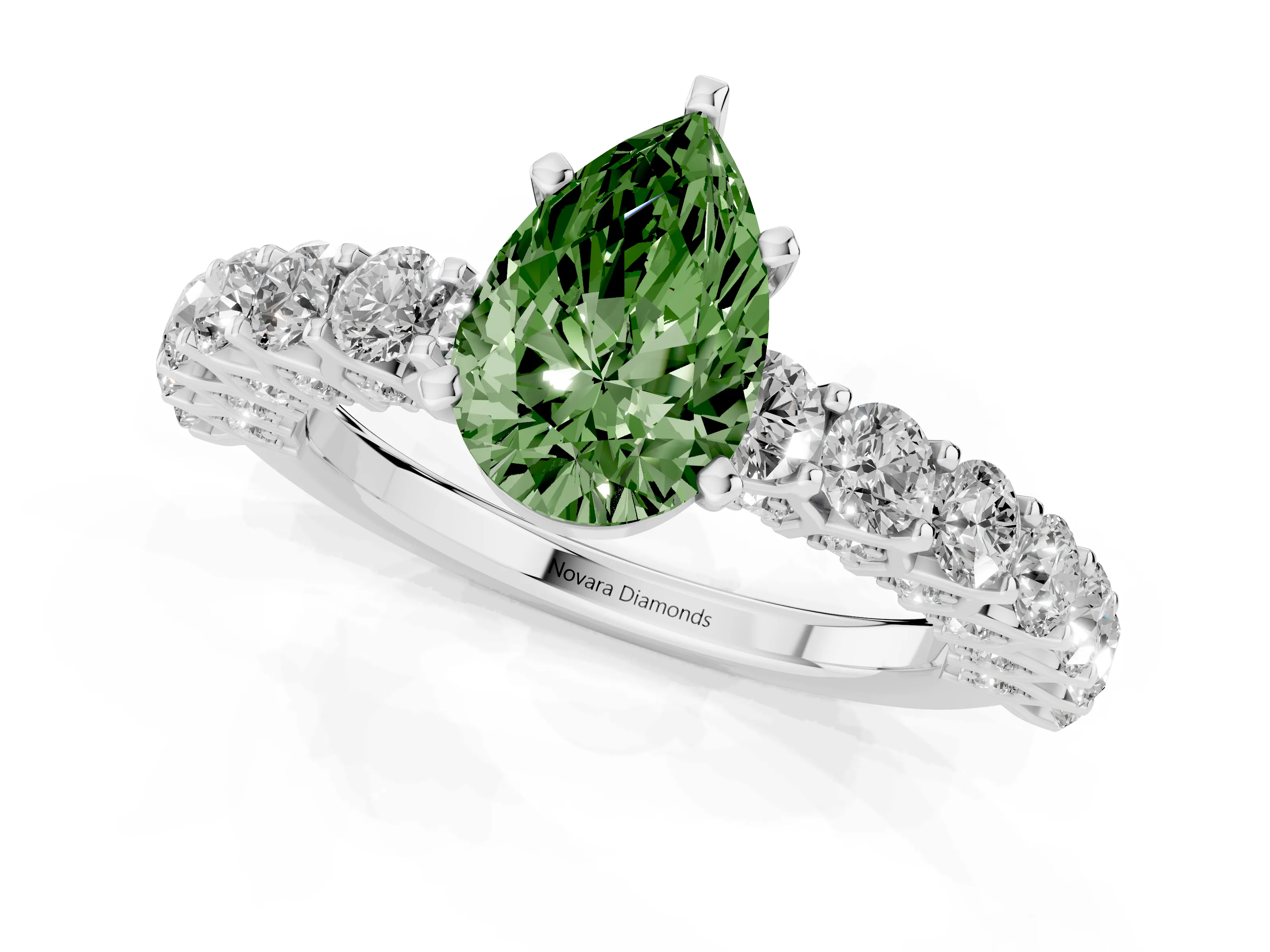 Fancy Green Pear Cut Diamond Solitaire Ring Set in Platinum with Shared Prong Pavé Band