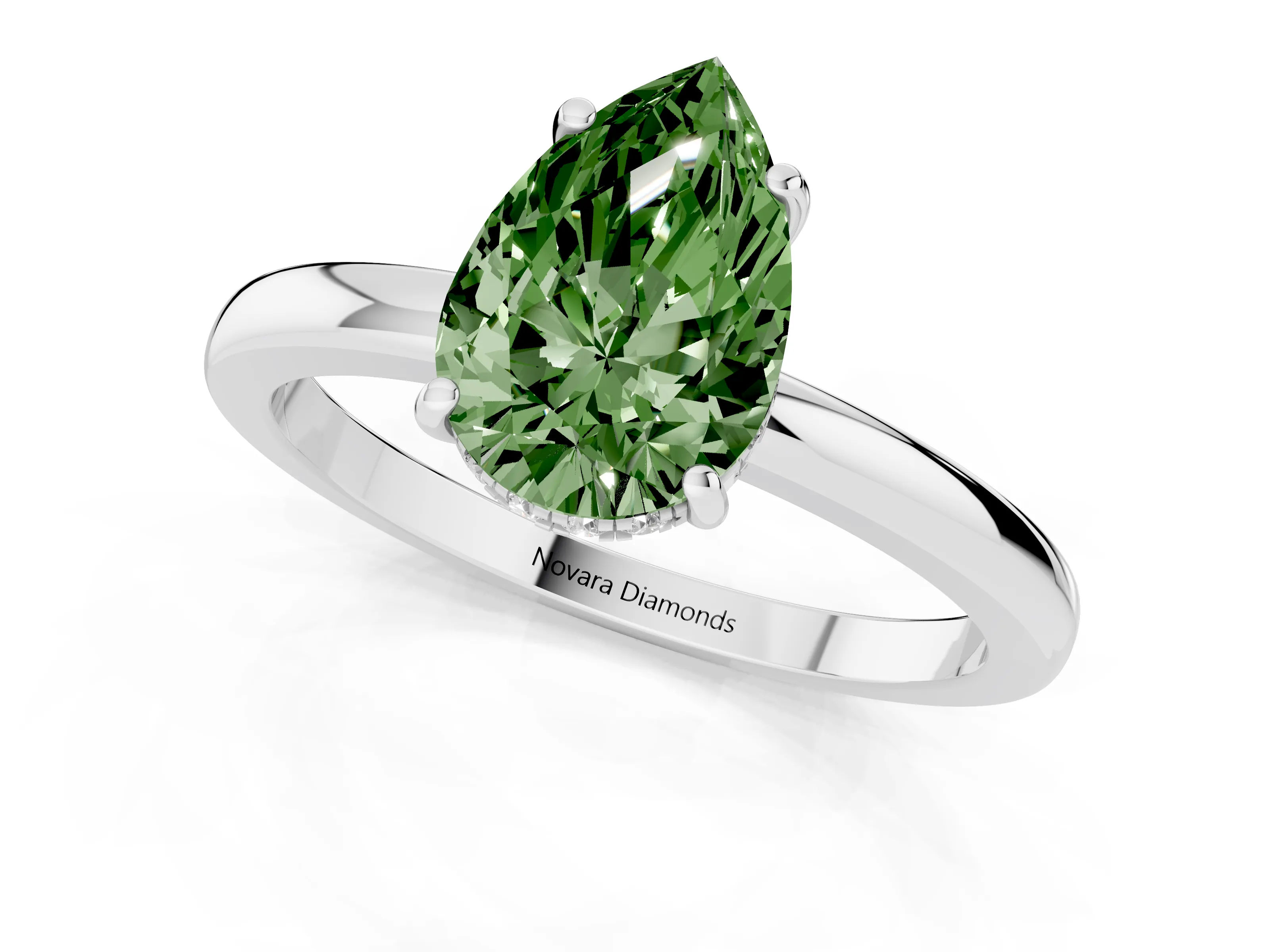 Fancy Green Pear Cut Diamond Solitaire Ring Set in Silver with Plain Band and Prong Setting