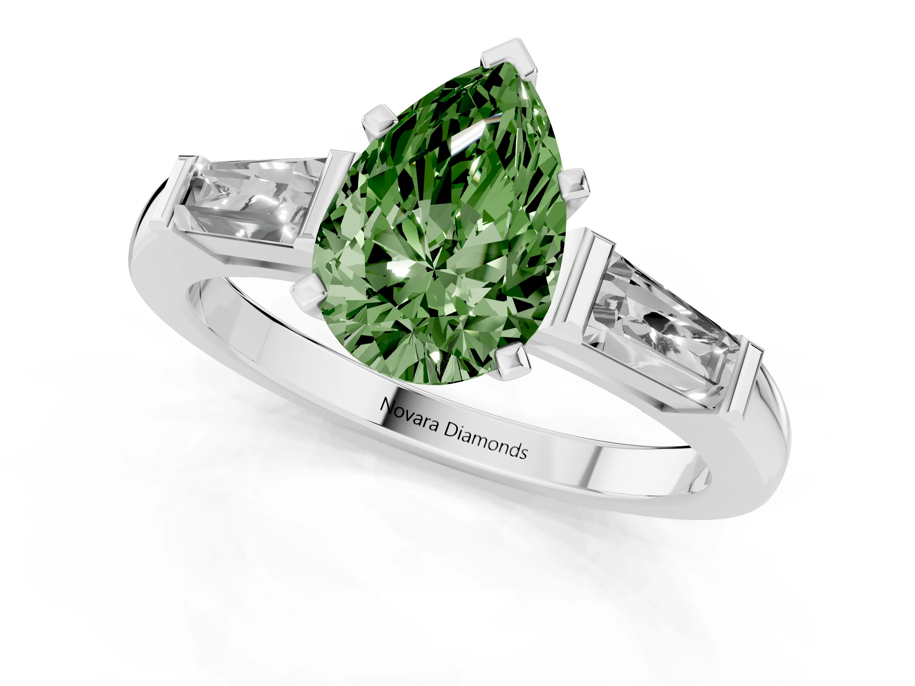 Fancy Green Pear Cut Diamond Solitaire Ring Set in Platinum with Tapered Baguette Side Stones and Prong Setting