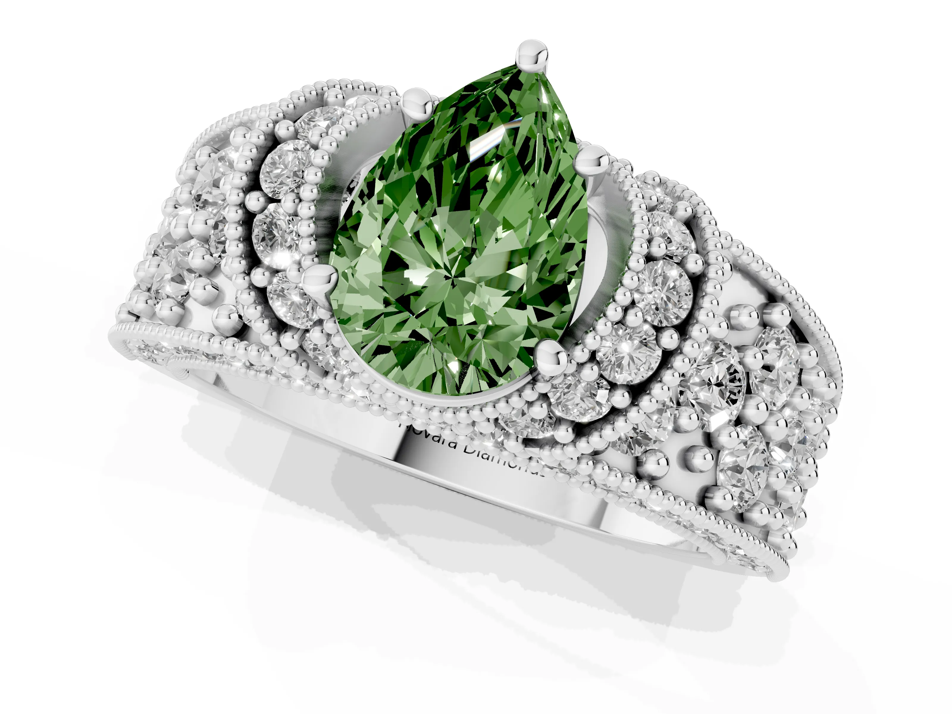 Fancy Green Pear Cut Diamond Milgrain Halo Pavé Engagement Ring Set in Platinum with Prong Setting