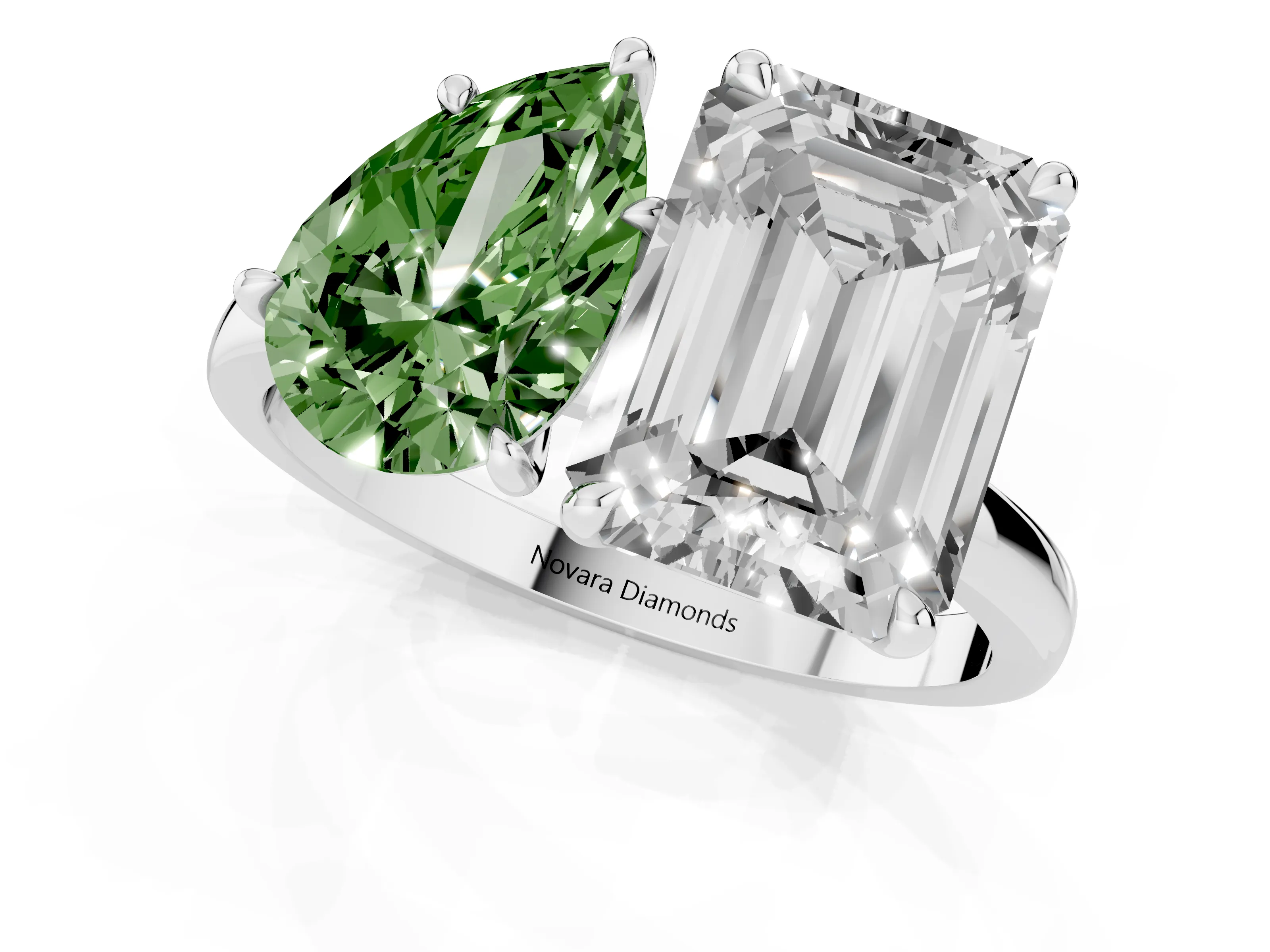 Fancy Green Pear Cut and Emerald Cut Toi Moi Ring Set in Platinum with Prong Setting