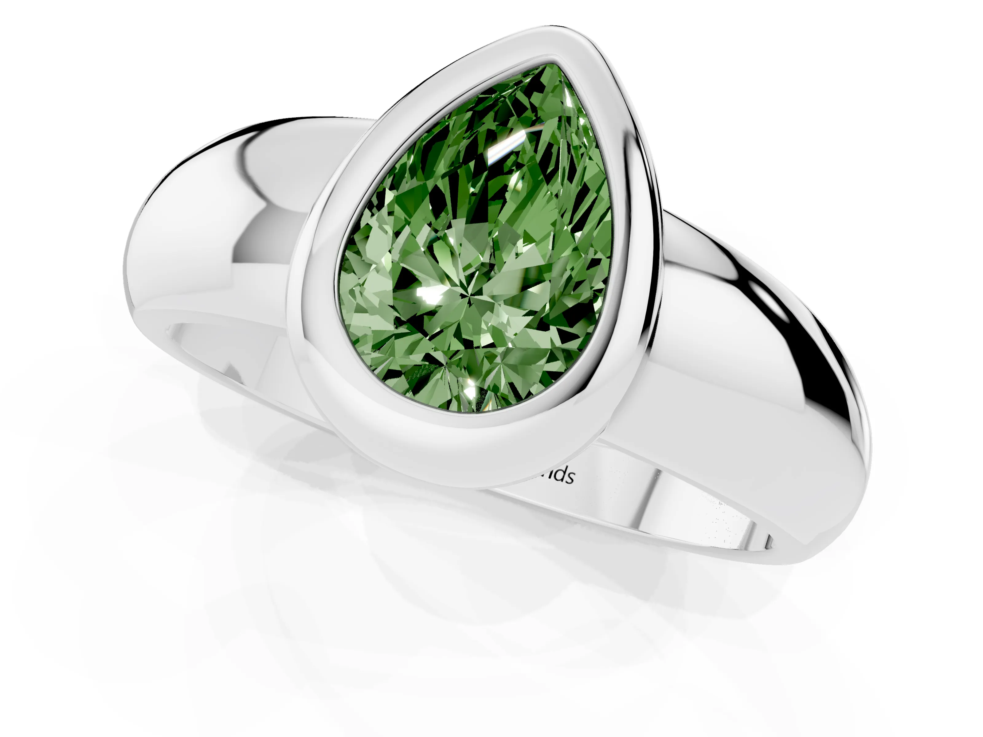 Fancy Green Bezel Set Pear Cut Diamond Solitaire Ring Set in White gold with Wide Band