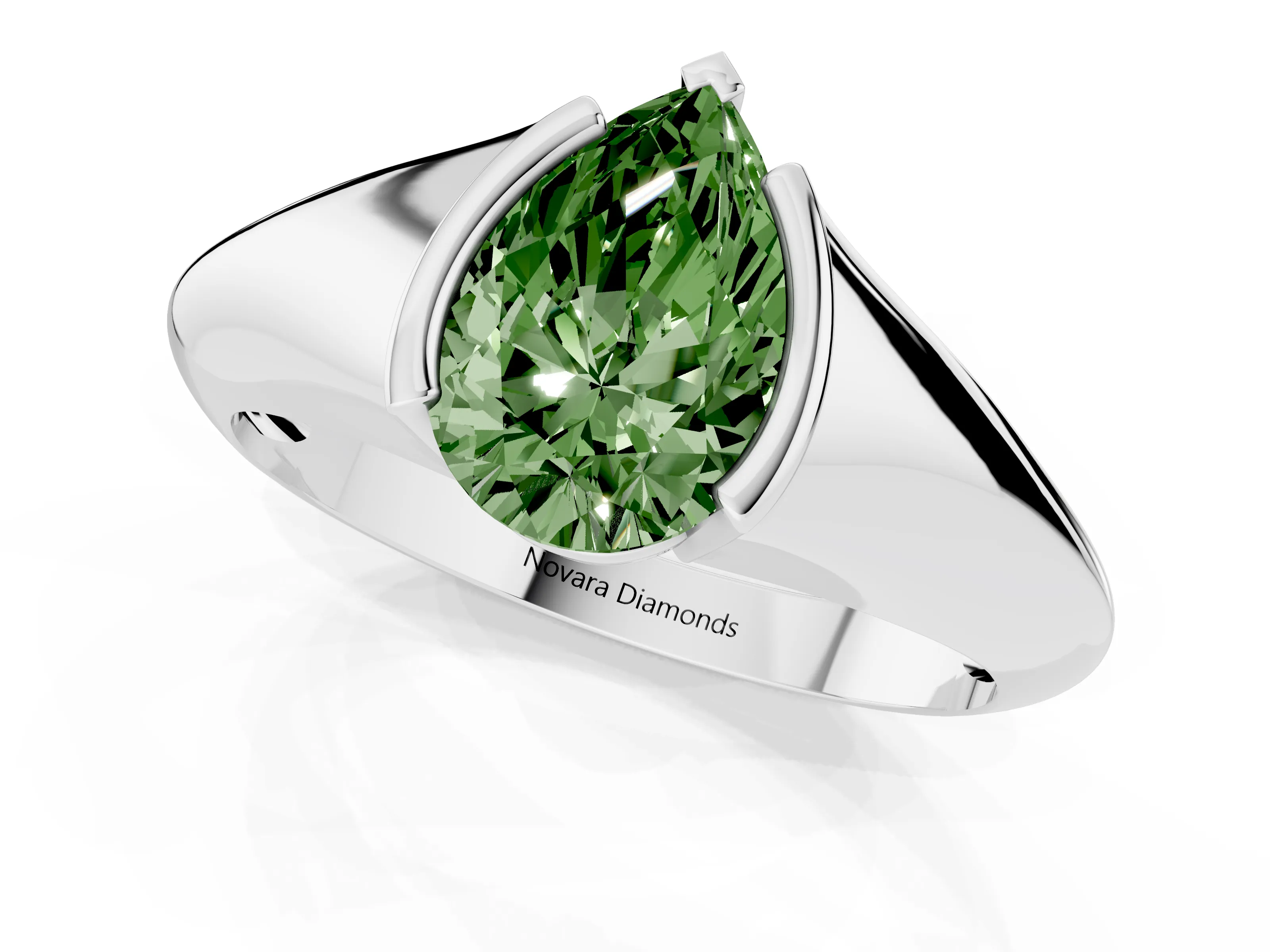 Fancy Green Pear Cut Diamond Solitaire Tension Set Ring Set in Silver