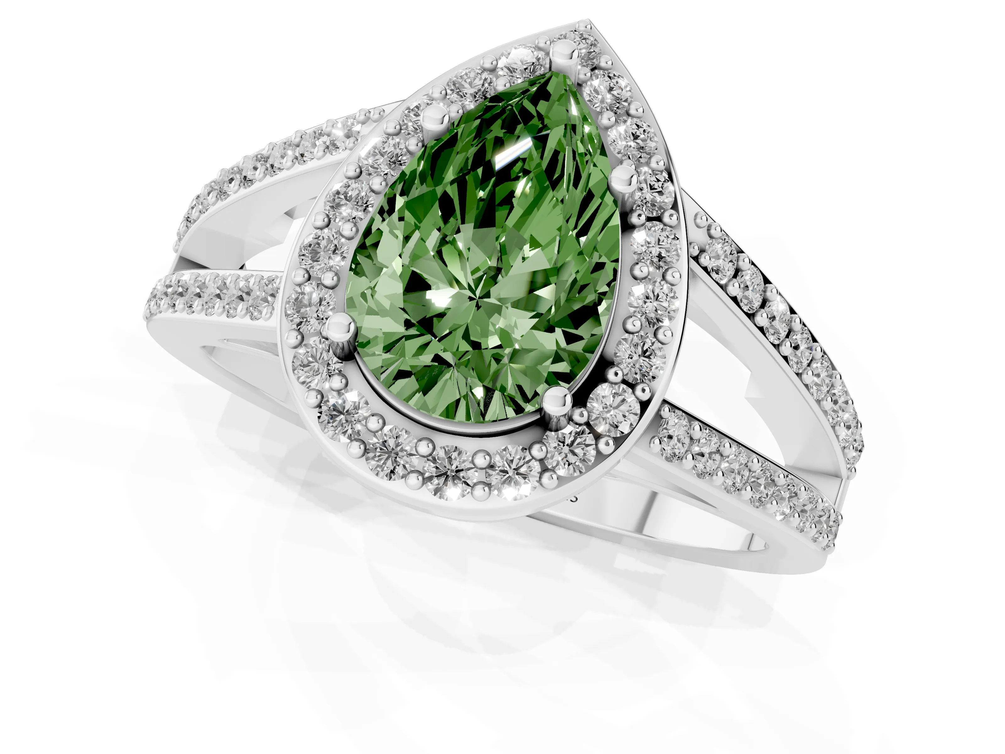 Fancy Green Pear Cut Diamond Halo Ring Set in Platinum with U-Prong Split Shank and Prong Setting – second view
