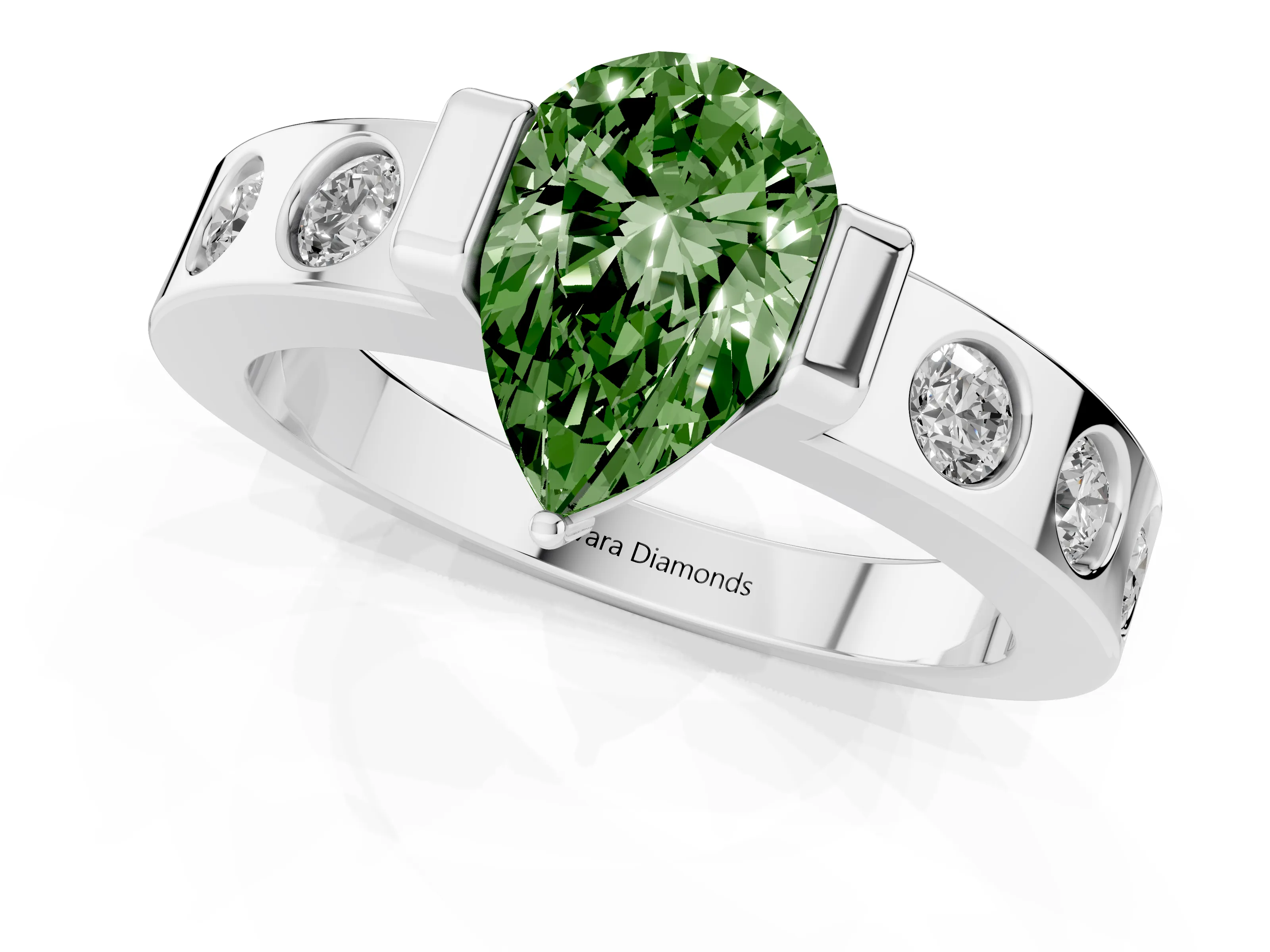 Fancy Green Pear Cut Diamond Channel-Set Band Ring Set in Silver with Bezel Prong Setting