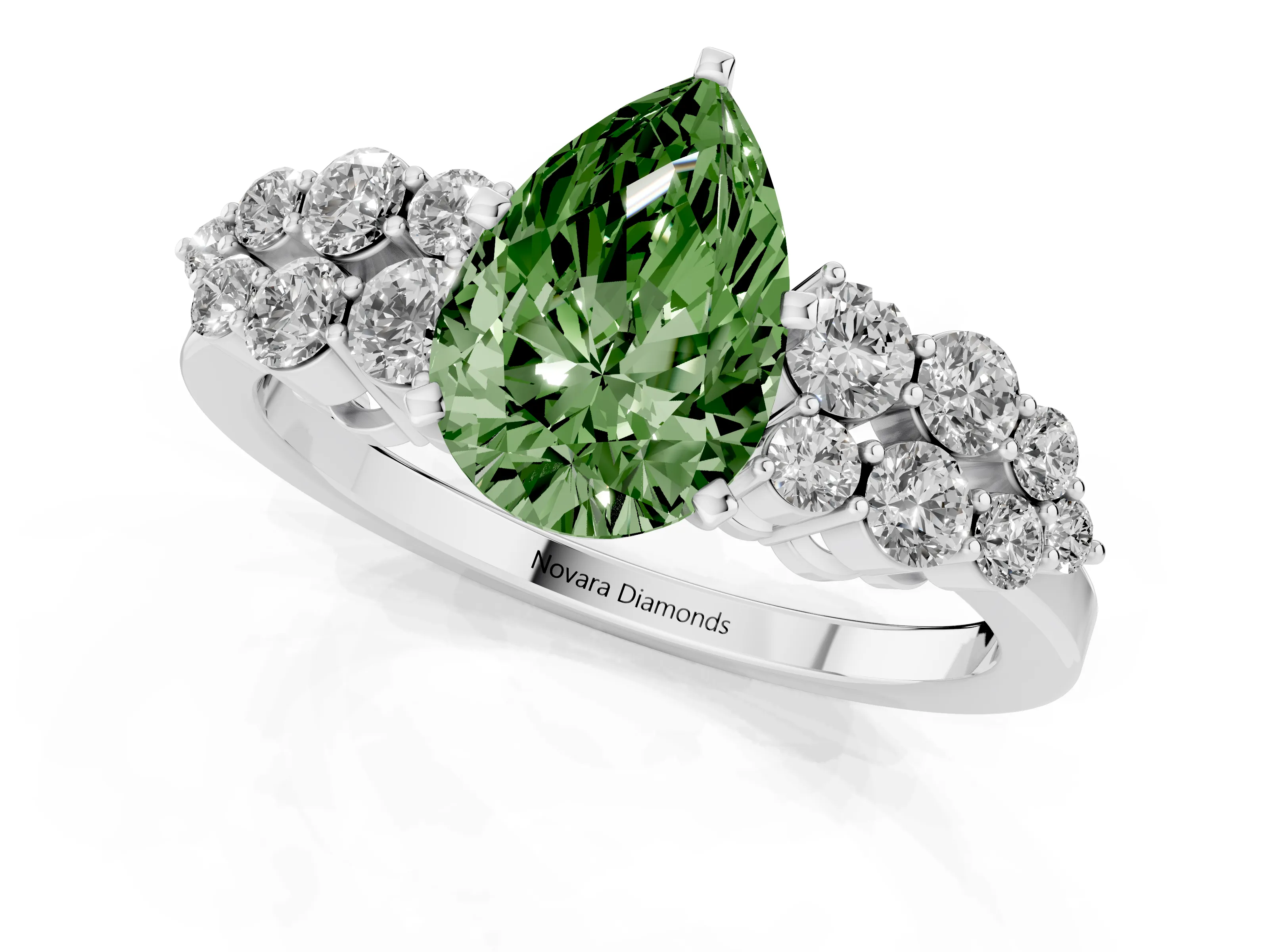 Fancy Green Pear Cut Diamond Cluster Engagement Ring Set in Silver with Pavé Band and Prong Setting
