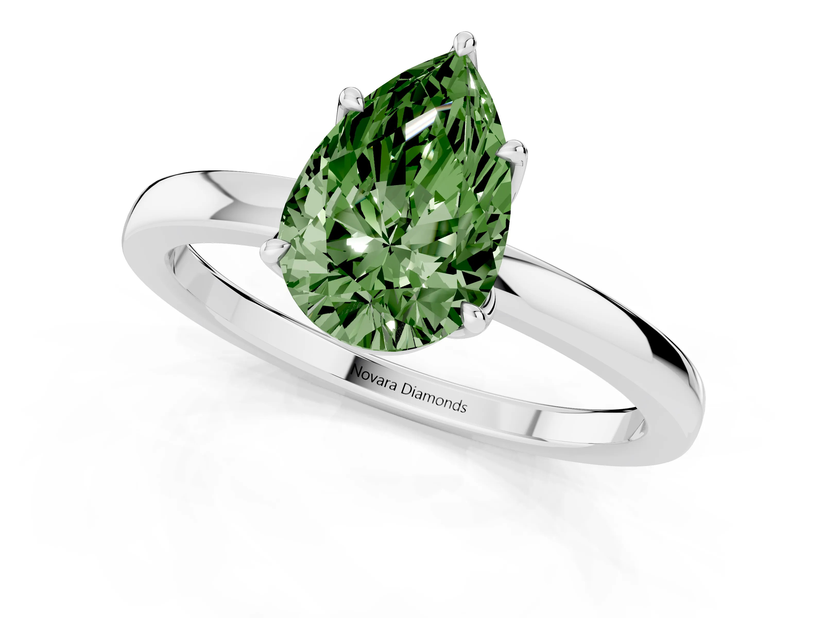 Fancy Green Pear Cut Diamond Solitaire Ring Set in Platinum with Prong Setting and Thin Polished Band