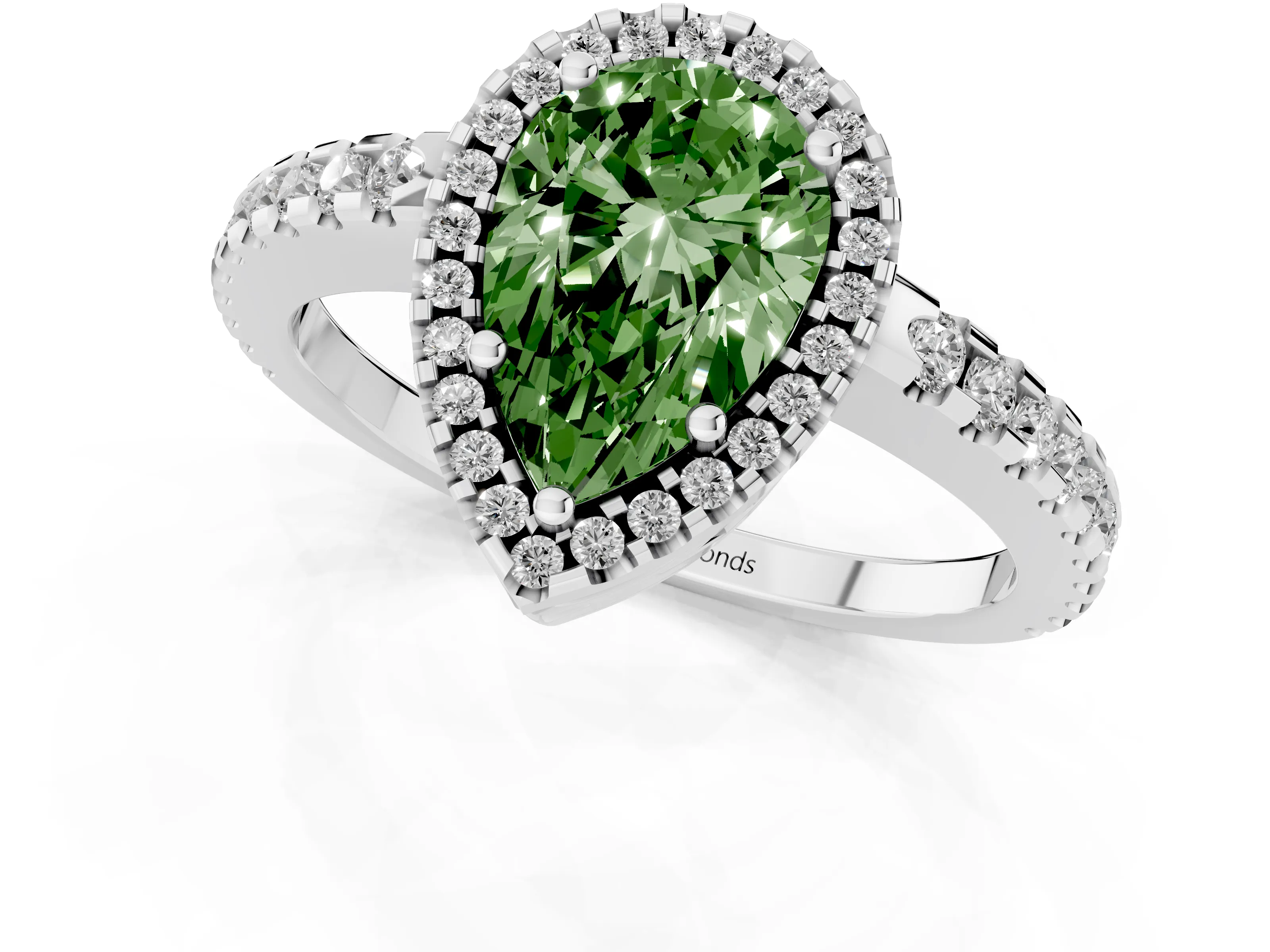 Fancy Green Pear Cut Diamond Halo Ring Set in Silver with Pavé Shoulders and Halo-Framed Center