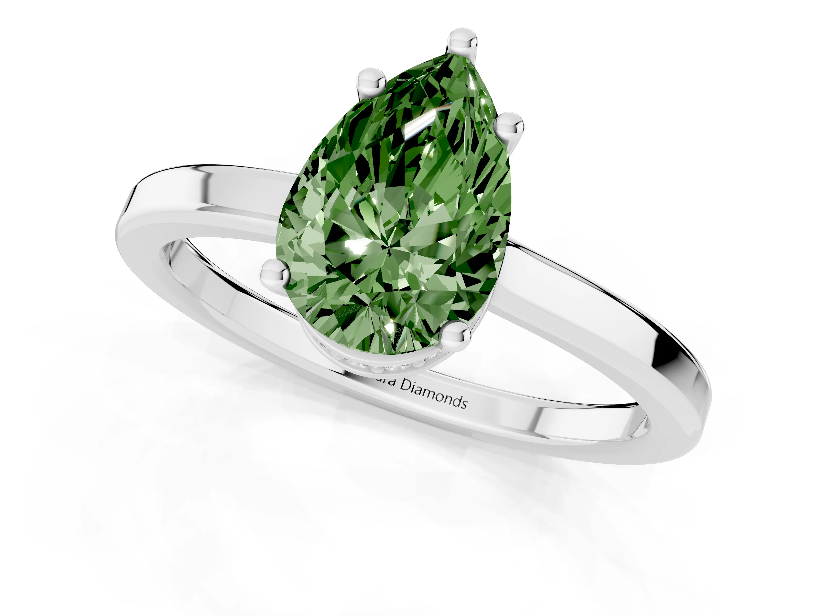 Fancy Green Pear Cut Diamond Solitaire Engagement Ring Set in Platinum with Prong Setting on a Plain Band