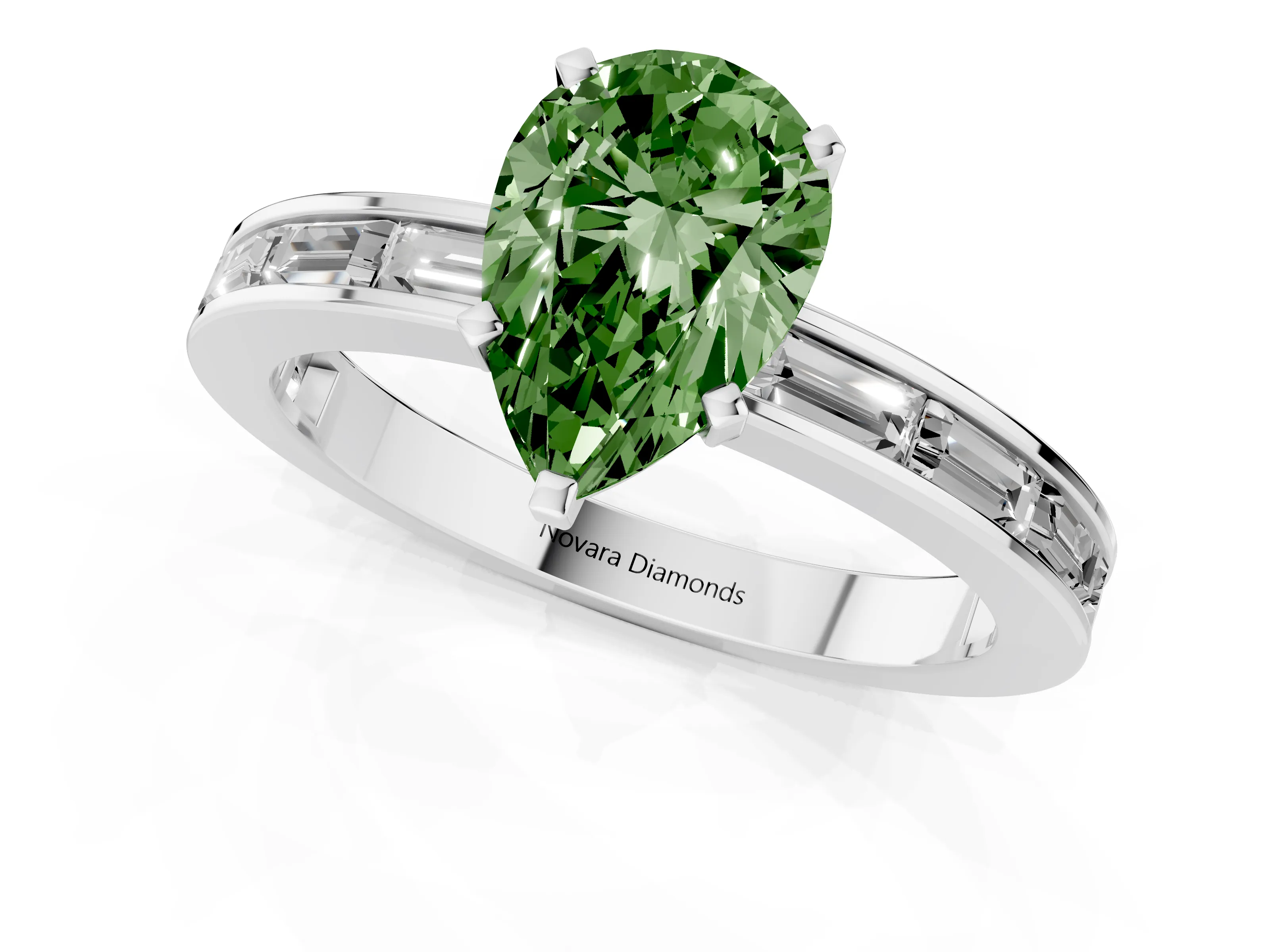 Fancy Green Pear Cut Diamond Solitaire Ring Set in Platinum with Channel-Set Baguette Band and Prong Setting