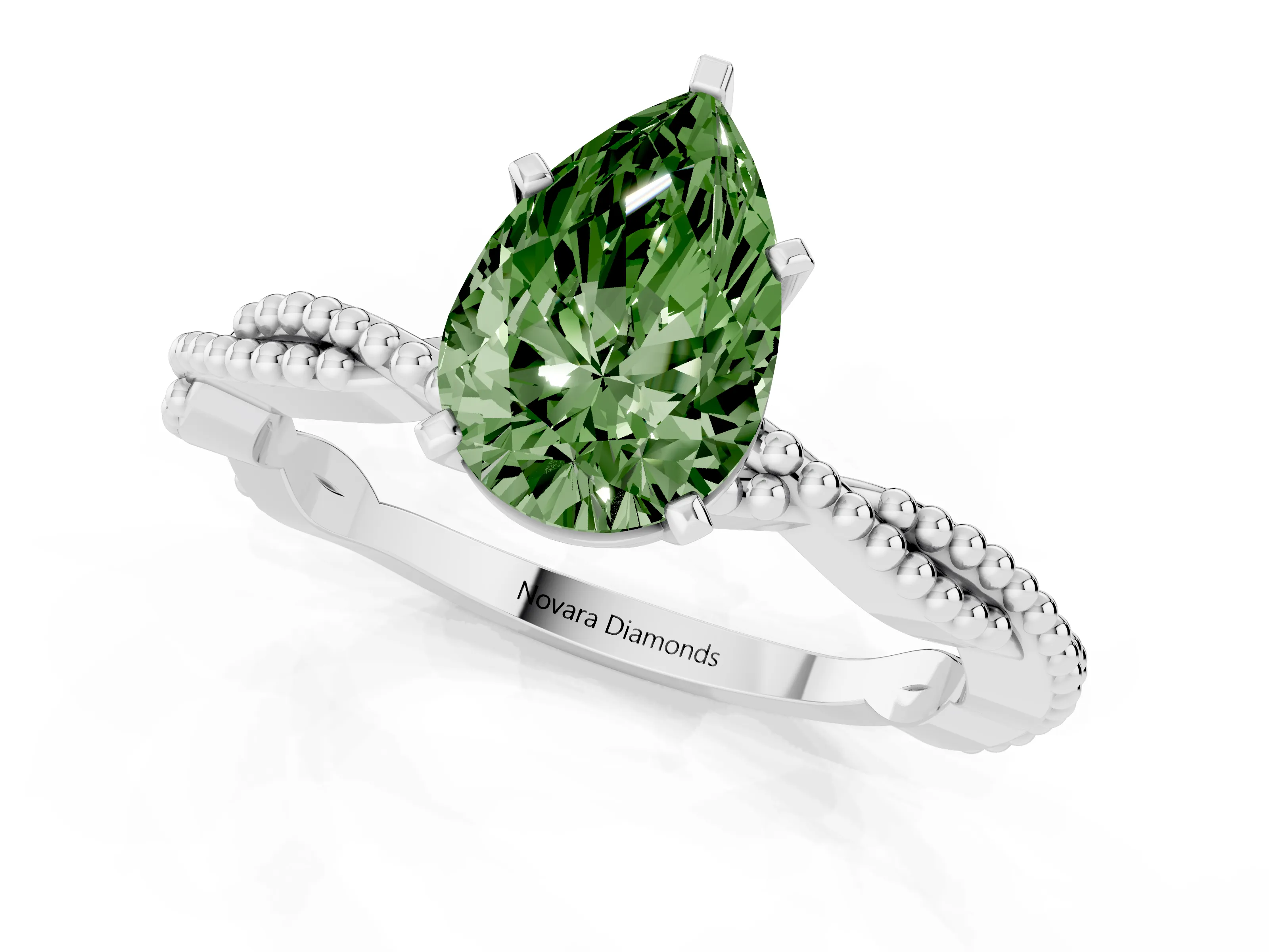 Fancy Green Pear Cut Diamond Solitaire Ring Set in White gold with Twisted Band and Bead Prong Setting