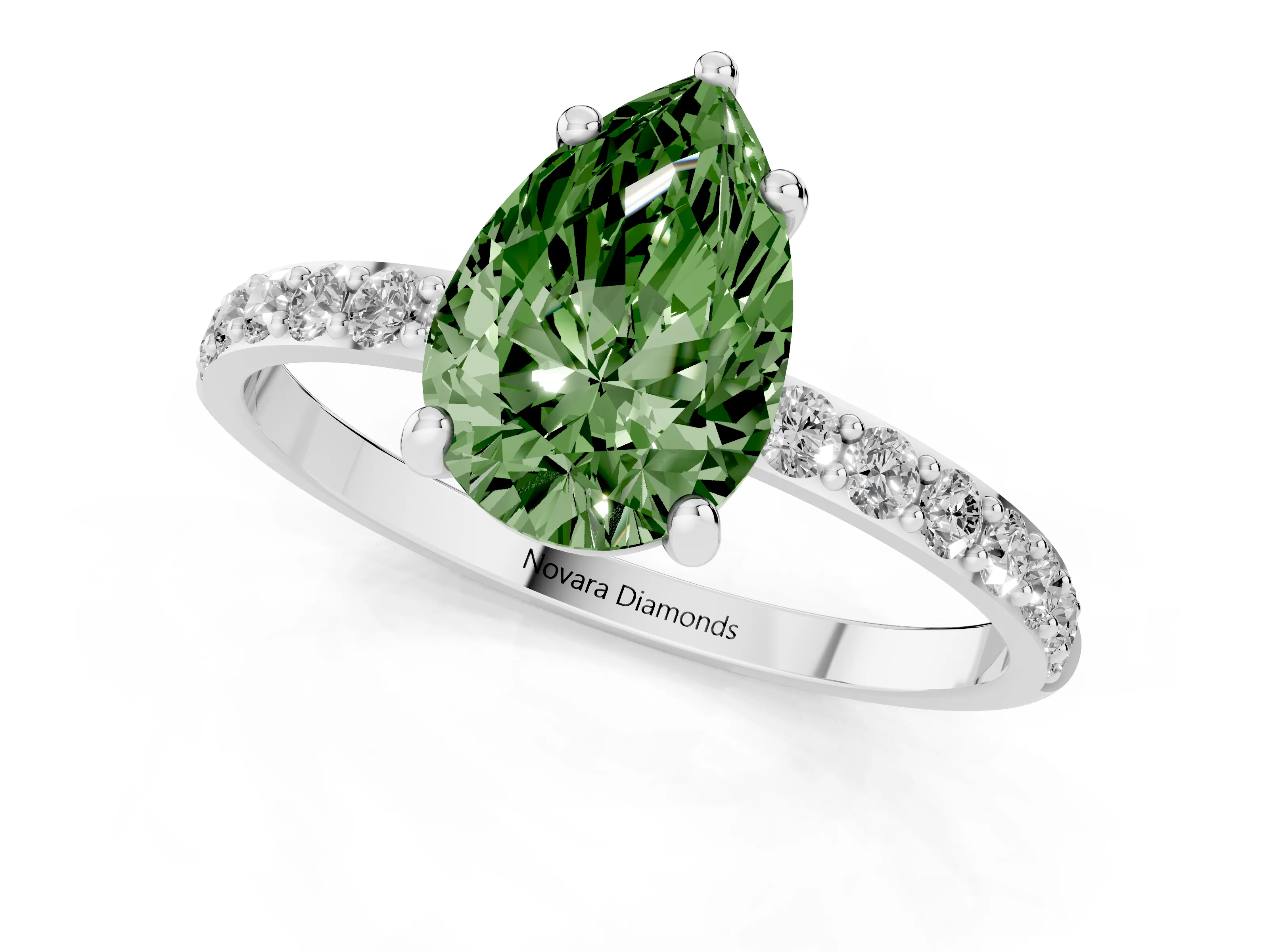 Fancy Green Pear Cut Diamond Solitaire Ring Set in Platinum with Round Pavé Band and Prong Setting