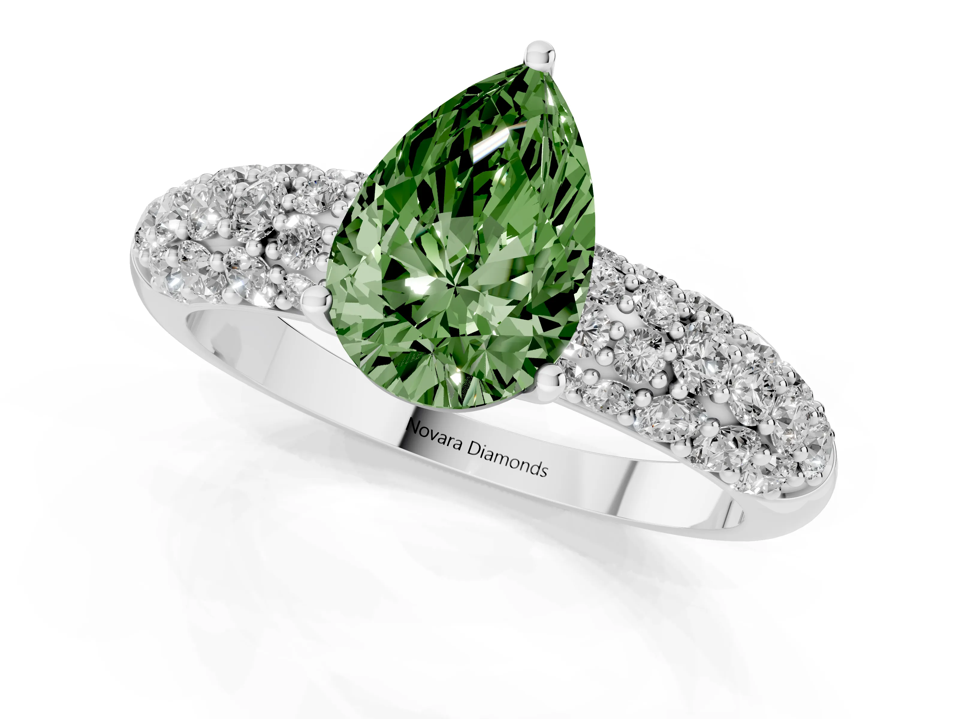 Fancy Green Pear Cut Diamond Pavé Band Solitaire Ring Set in White gold with Close-Set Accent Stones and Prong Setting