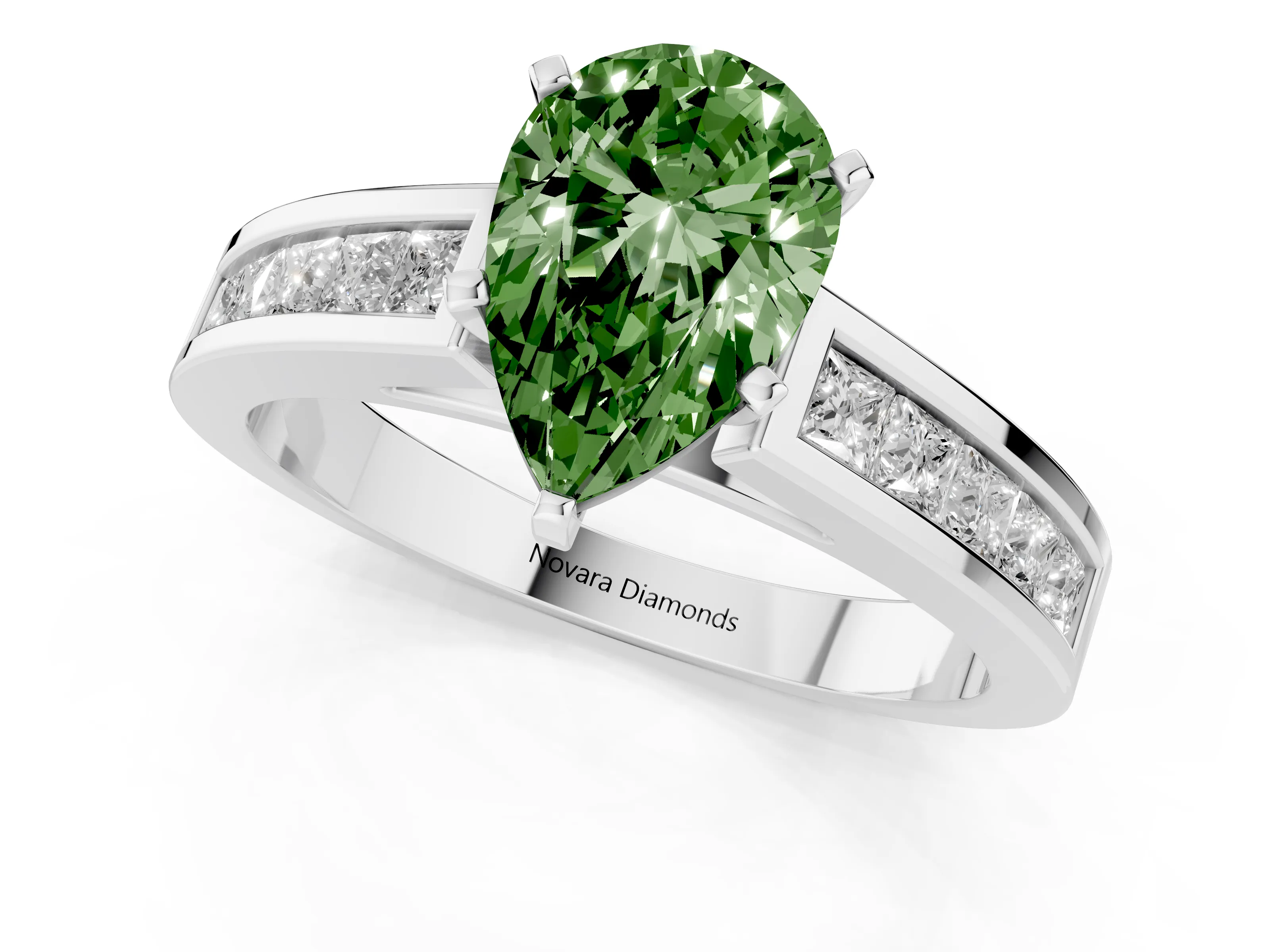 Fancy Green Pear Cut Diamond Solitaire Ring Set in Silver with Channel-Set Band and Prong Setting