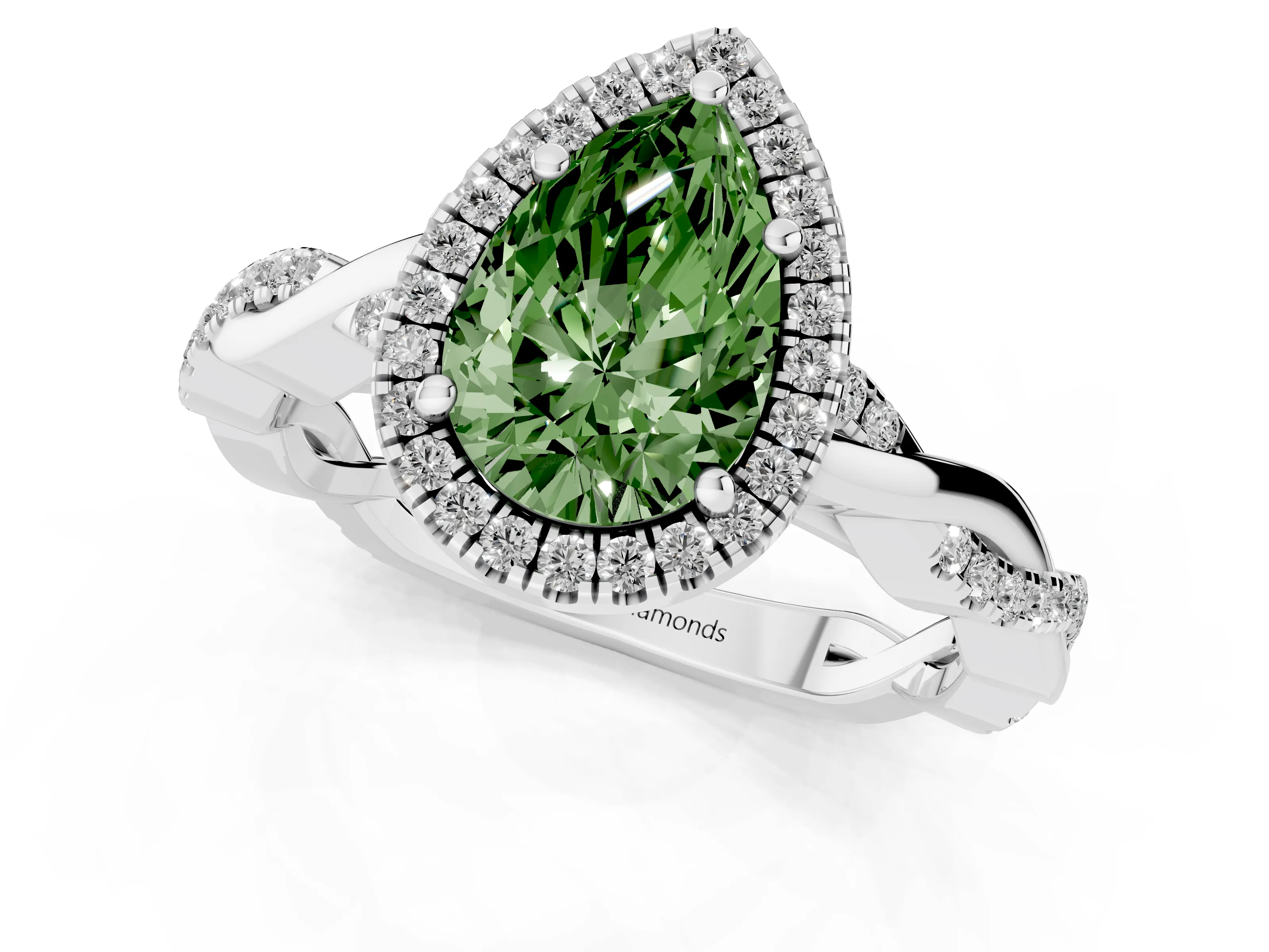 Fancy Green Pear Cut Diamond Halo Twisted Band Ring Set in Platinum with Prong Setting