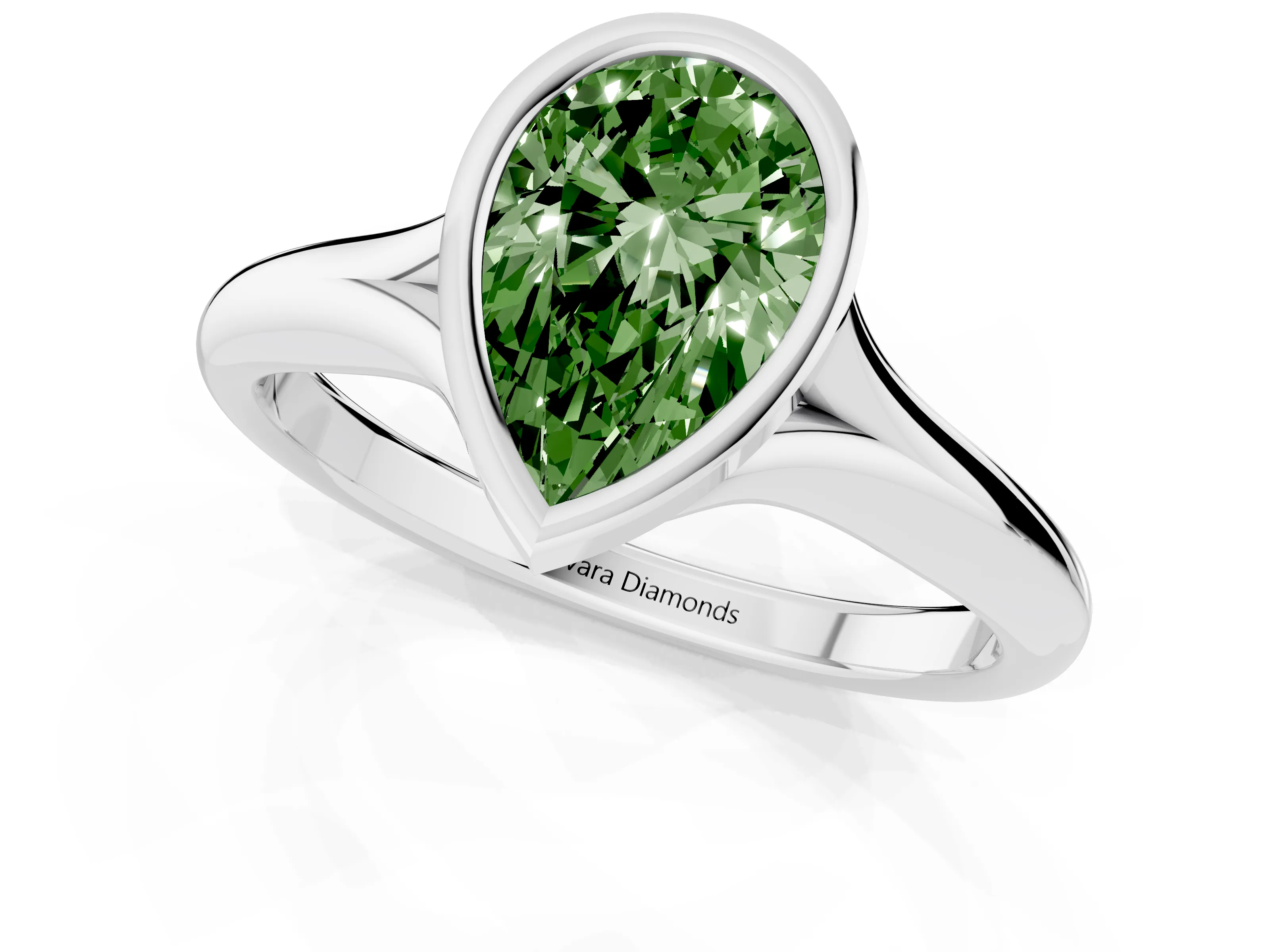 Fancy Green Bezel Set Pear Cut Diamond Solitaire Ring Set in White gold with Smooth Band