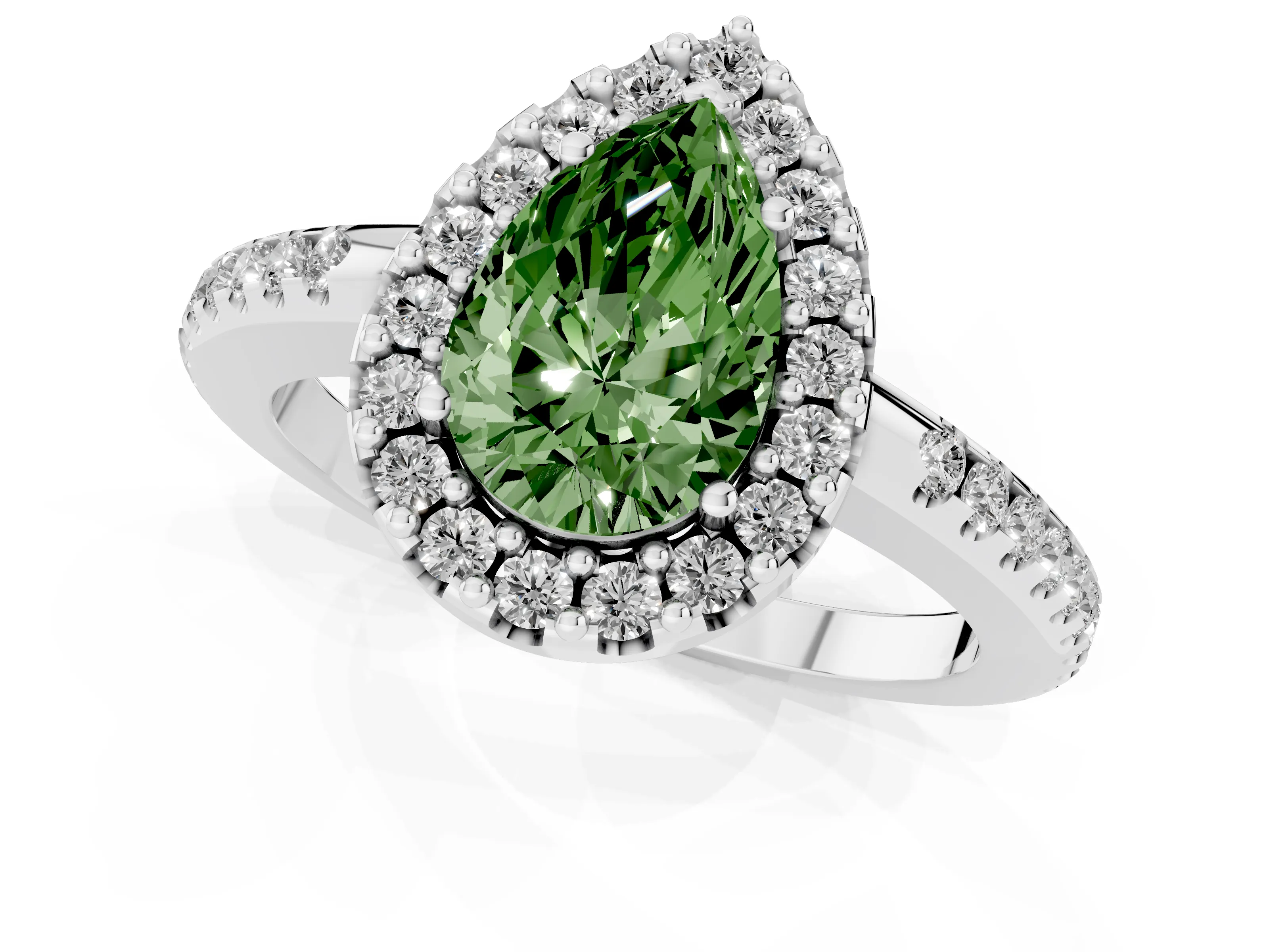 Fancy Green Pear Cut Diamond Pavé Halo Ring Set in Silver with Prong Setting