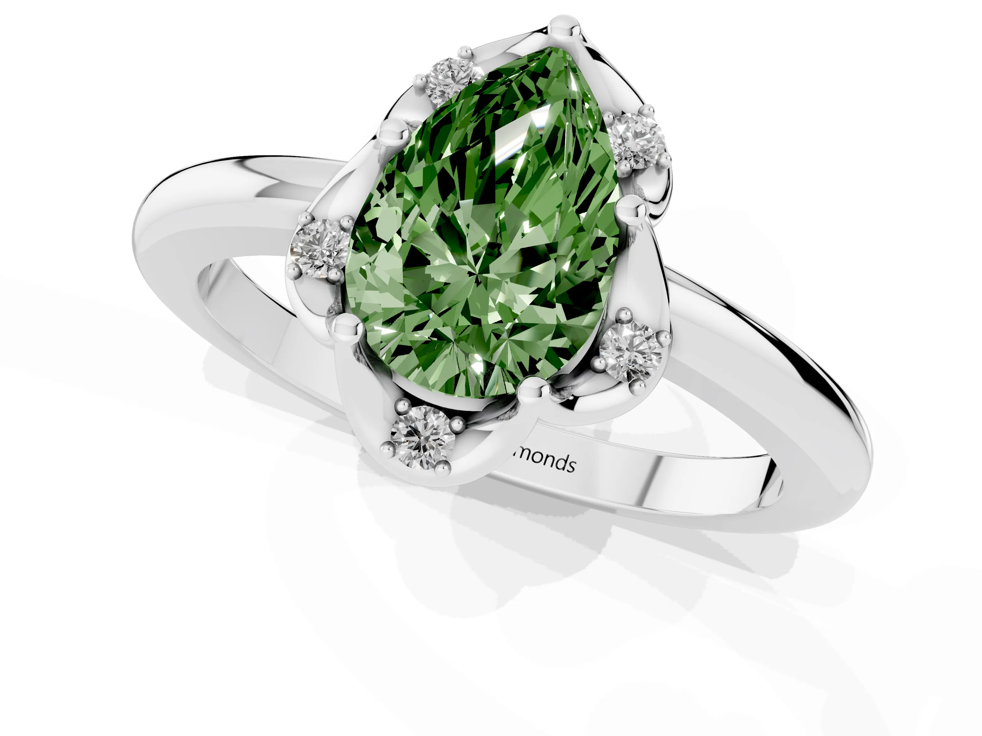 Fancy Green Pear Cut Diamond Round Cluster Halo Ring Set in Silver with Solitaire Band and Prong Setting
