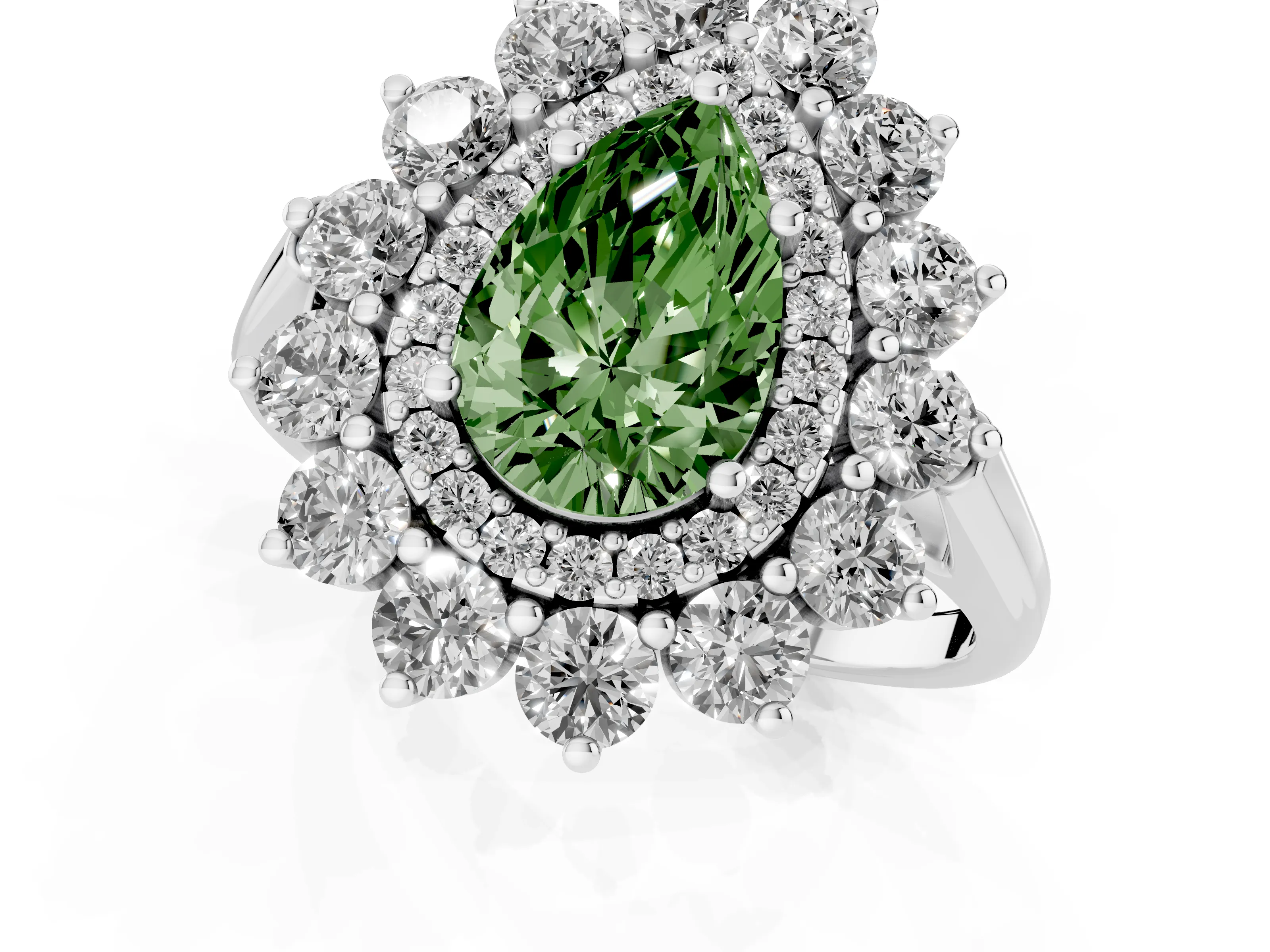 Fancy Green Pear Cut Diamond Floral Double Halo Ring Set in White gold with Round Petals