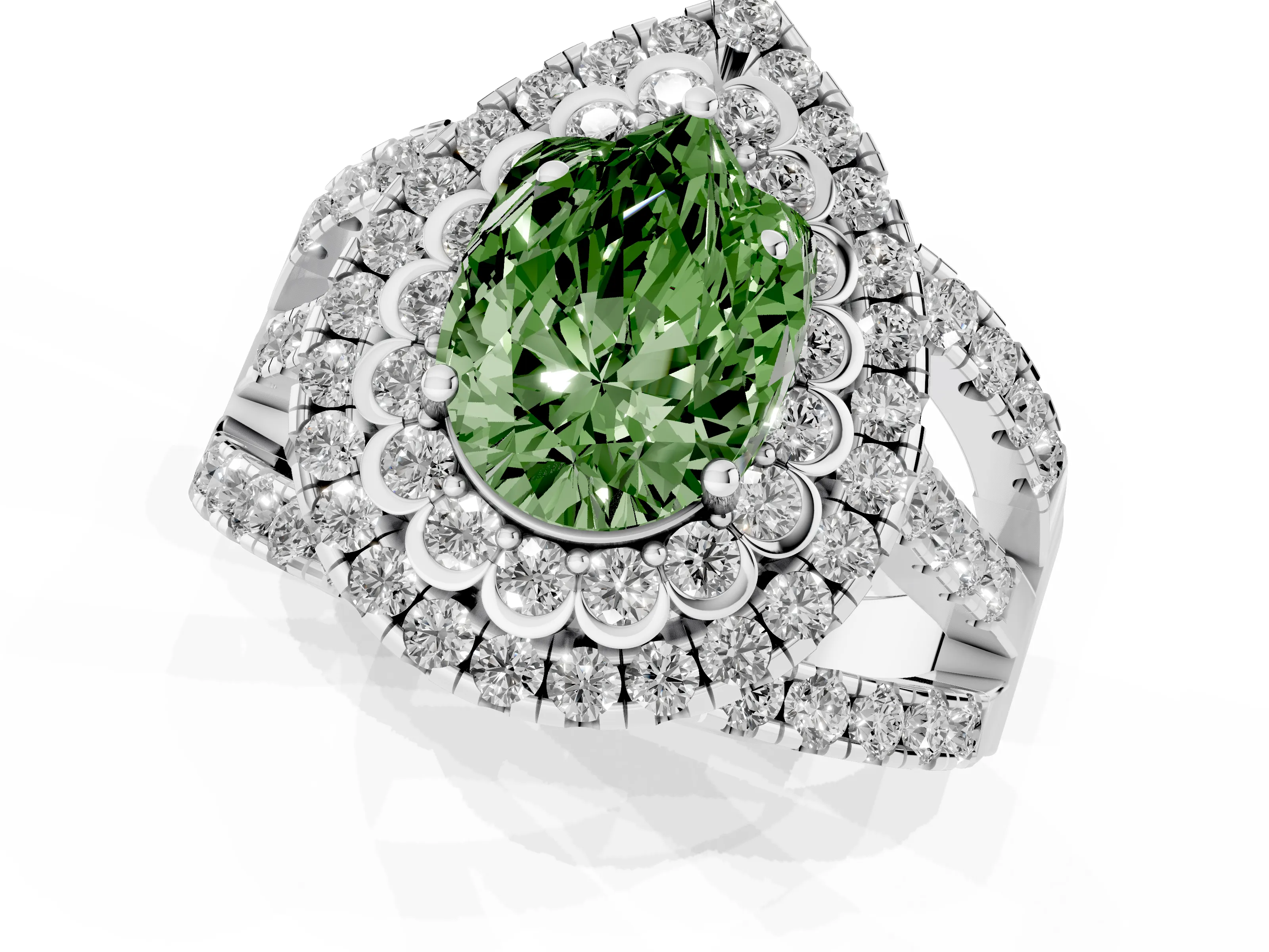 Fancy Green Pear Cut Diamond Double Halo Ring Set in Silver with Round Pavé Split Shank