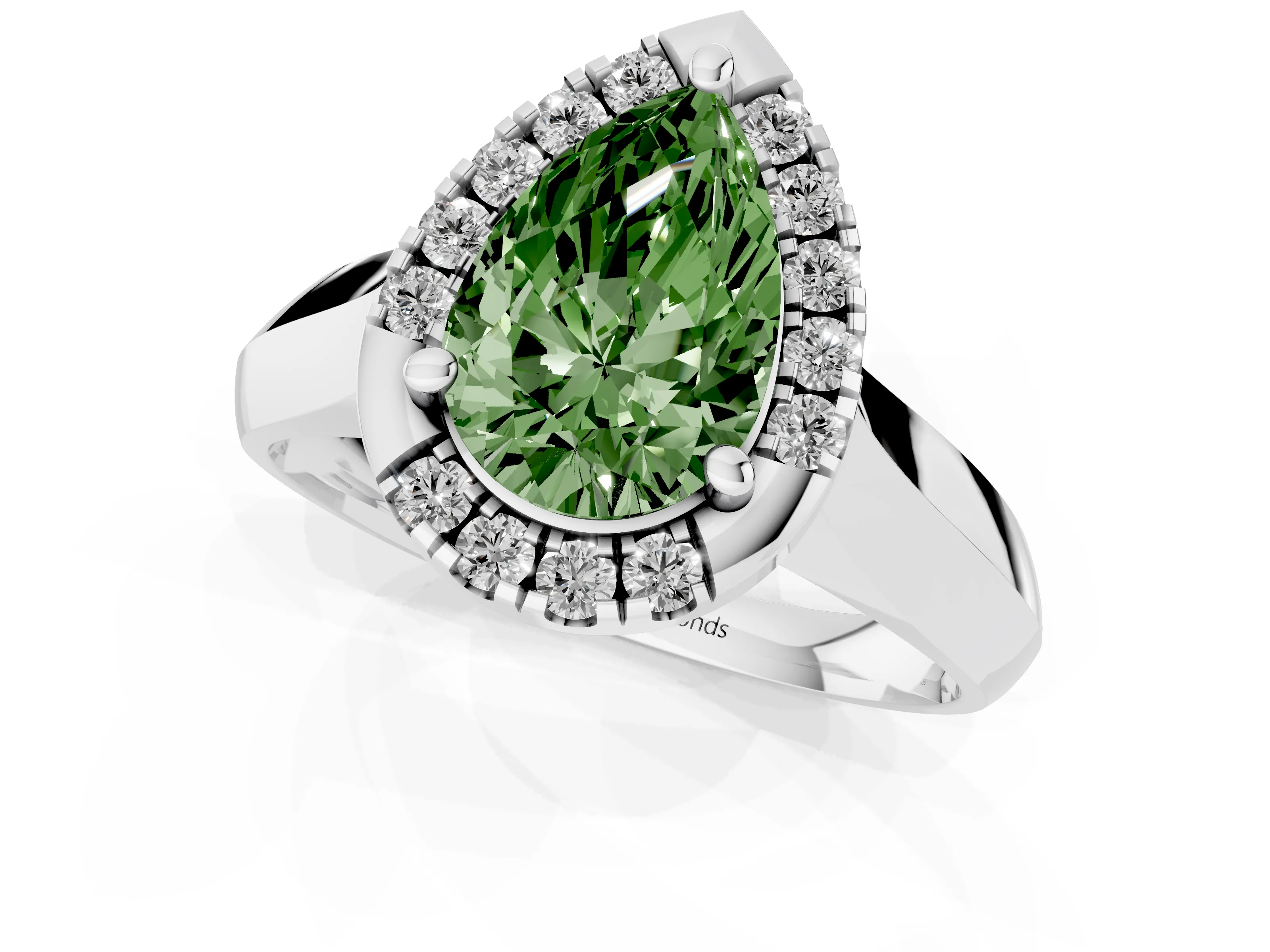Fancy Green Pear Cut Diamond Halo Solitaire Engagement Ring Set in Silver with Square Band and Prong Setting